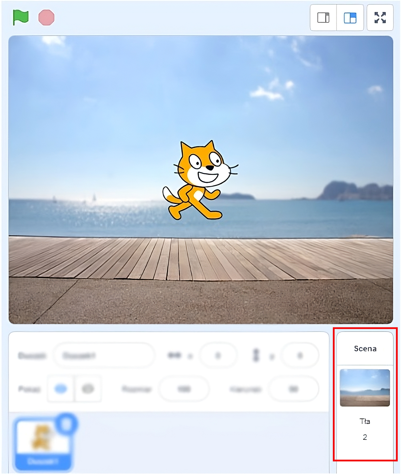Na zdjęciu widać podgląd sceny ze zmienionym tłem. W górnym oknie znajduje się duszek w formie animowanego kota, który idzie po drewnianej promenadzie. Promenada jest obok zbiornika wodnego. W tle zdjęcia znajduje się niebo oraz słońce.W prawym dolnym rogu widoczne jest okno ze zmienną scena. Pod zmienną widoczna jest miniaturka przedstawiająca drewnianą promenadę obok zbiornika wodnego. Pod miniaturą jest dodatkowa zmienna tła z wartością dwa.