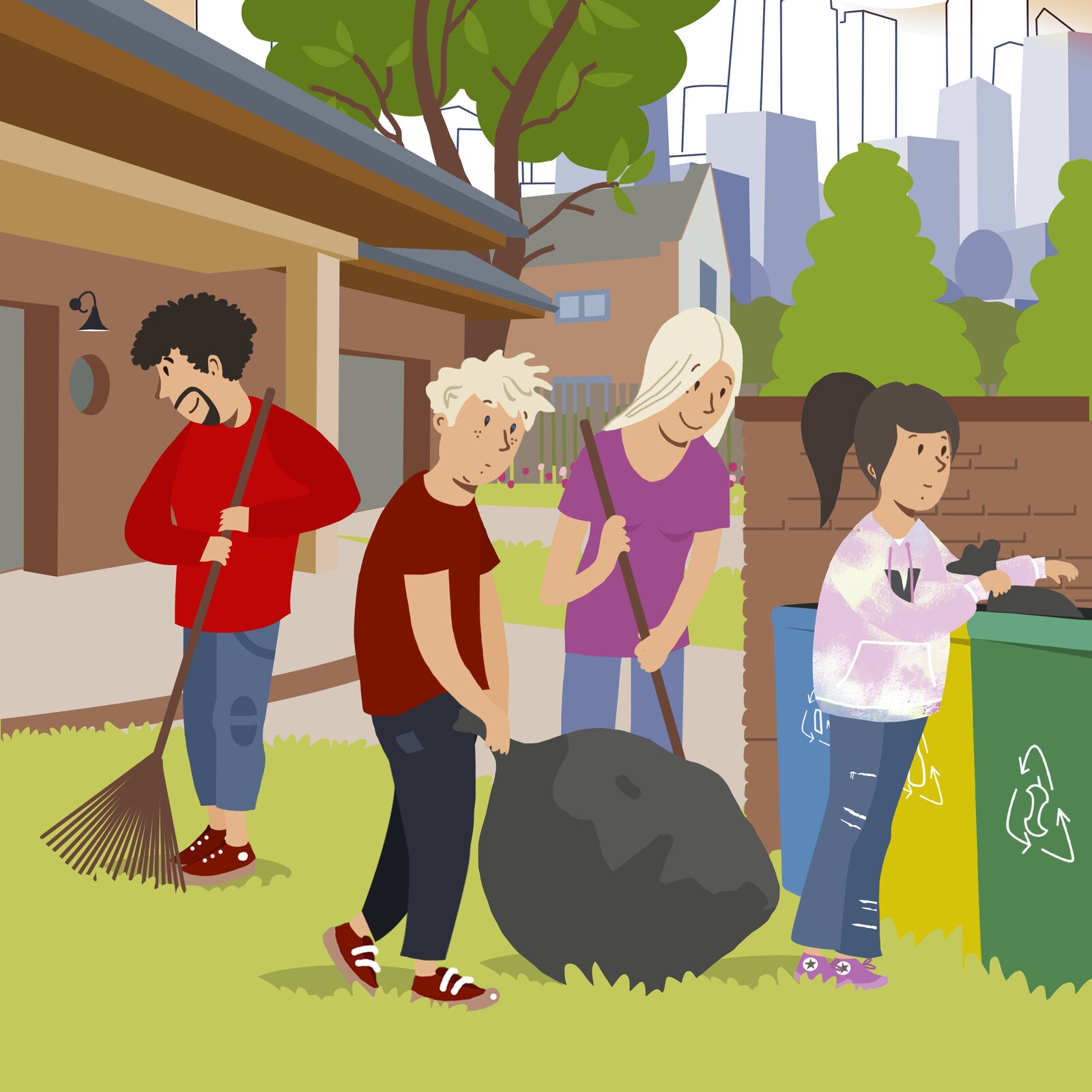 Ilustracja przedstawia dwie kobiety i dwóch mężczyzn robiących porządki w ogrodzie. Grabią trawnik i wyrzucają worki z sortowanymi śmieciami do odpowiednich pojemników.