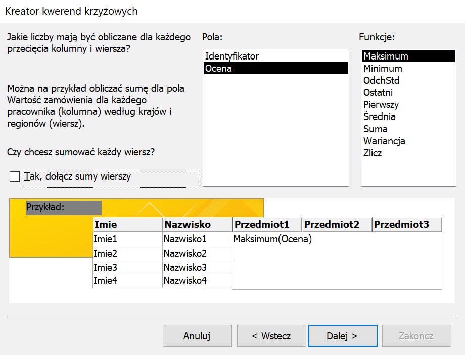 Zrzut ekranu przedstawia kreator kwerend krzyżowych.  Po prawej stronie kreatora znajdują się dwie listy: Pola oraz Funkcje.  W liście Pola znajdują się: Identyfikator, Ocena.  W liście Funkcje znajdują się: Maksimum, Minimum, OdchStd, Ostatni, Pierwszy, Średnia, Suma, Wariancja, Zlicz.   Po lewej stronie znajduje się sekcja z tekstem:  Jakie liczby mają być obliczane dla każdego przecięcia kolumny i wiersza? Można na przykład obliczać sumę dla pola Wartość zamówienia dla każdego pracownika (kolumna) według krajów i regionów (wiersz). Czy chcesz sumować każdy wiersz?  Poniżej znajduje się nie zaznaczone pole wyboru: Tak, dołącz sumy wierszy    W dolnej sekcji kreatora przedstawiona jest przykładowa kwerenda.  Kwerenda o nagłówkach kolumn: Imie, Nazwisko, Przedmiot1, Przedmiot2, Przedmiot3.  W kolumnie Imie wypisano Imie1 do Imie4, w kolumnie Nazwisko wypisano Nazwisko1 do Nazwisko4.  Kolumny Przedmiot1, Przedmiot2, Przedmiot3 są połączone i znajduje się w nich napis: Maksimum(Ocena).  Na samym dole znajdują się przyciski: anuluj, wstecz, dalej, zakończ. 