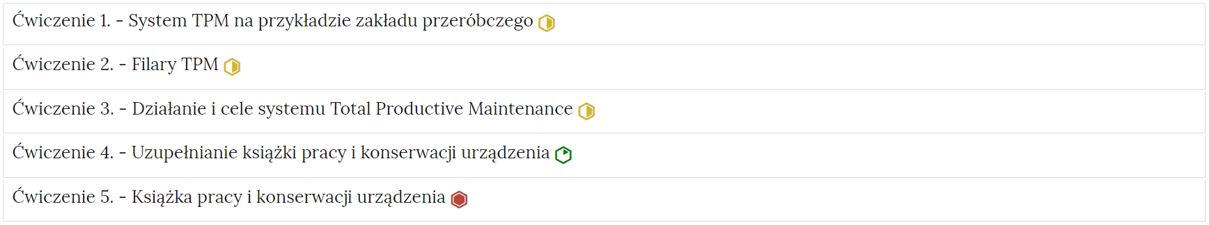 Zdjęcie przedstawia przykładowy wygląd zakładek zawierających interaktywne materiały sprawdzające. Składają się one z prostokątnych paneli umieszczonych jeden pod drugim. Każdy panel posiada numer oraz tytuł, który nawiązuje do zawartego w nim zadania.