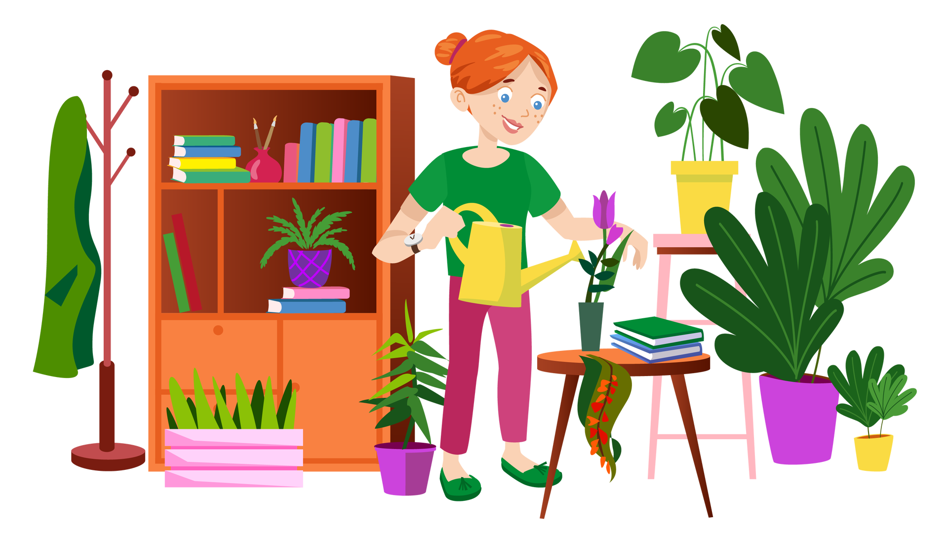 Ilustracja przedstawia pomieszczenie w domu. Po lewej stronie pomieszczenia, na podłodze, stoi wysoki brązowy wieszak. Wisi na nim zielony płaszcz. Na prawo od wieszaka widać brązowy regał z półkami i szufladami. Na półkach ustawiono książki w kolorowych okładkach. Znajduje się tam również ciemnoróżowy pojemnik z przyborami do pisania oraz zielona roślina w fioletowej donicy. Przed regałem, na podłodze, stoją dwie zielone rośliny. Jedną umieszczono w jasnoróżowej skrzynce, a drugą w fioletowej donicy. Po prawej stronie ilustracji widać kolejne trzy zielone rośliny w kolorowych donicach. Jedna z nich stoi na wysokim bladoróżowym stołku. Na środku pokoju ustawiono jasnobrązowy stolik. Na jego blacie są dwie książki ułożone jedna na drugiej oraz dwa fioletowe kwiaty w ciemnozielonym wazonie. Z brzegu blatu zwisają dwa długie zielone liście. Na lewo od stolika stoi mama Franka i Mai. Jest ubrana w ciemnozieloną bluzkę z krótkimi rękawami, długie ciemnoróżowe spodnie i ciemnozielone buty. Na prawym nadgarstku nosi zegarek. W prawej dłoni trzyma żółtą konewkę, którą podlewa kwiaty.