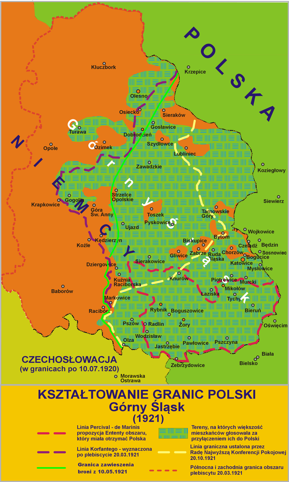 Mapa pokazująca kształtowanie granic Polski. Mapa zawiera informacje o propozycjach przebiegu granicy z Niemcami. Na mapie zaznaczone są:
 linia Percival - de Marinis[czyt.: percziwal de marinis] propozycja Ententy obszaru, który miała otrzymać Polska;
 linia Korfantego - wyznaczona po plebiscycie 20.03.1921;
 granica zawieszenia broni z 10.05.1921;
 tereny, na których większość mieszkańców jest za przyłączeniem ich do Polski;
 linia graniczna ustalona przez Radę Najwyższą konferencji Pokojowej 20.10.1921 r.- północna i zachodnia granica obszaru plebiscytowego 20.03.1921 r.
Przebieg linii Percival - de Marinis propozycji Ententy obszaru, który miała otrzymać Polska:
 południowy obszar Górnego Śląska.
Przebieg linii Korfantego - wyznaczonej po plebiscycie 20.03.1921:
 od Bogumina – wzdłuż Odry – do Zimnic Wielkich , skręcać na północny wschód wzdłuż ówczesnej zachodniej granicy powiatu strzeleckiego do Kolonowskiego, stamtąd koło Chybia, przez Knieję, Zębowice, Wachowice, Wolęcin, następnie przez Kościeliska z Olesnem po stronie polskiej aż do granicy Rzeczypospolitej Polskiej.
Przebieg granicy zawieszenia broni z 10.05.1921:
 przecinała wzdłuż obszar Górnego Śląska. Usytuowana na wysokości miast: Gosławice, Dobrodzień, Strzelce Opolskie, Dziergowice, Racibórz, Olza.
Tereny na których większość mieszkańców za przyłączeniem ich do Polski:
 wschodnio‑południowe powiaty Górnego Śląska.
Przebieg linia granicznej ustalonej przez Radę Najwyższą konferencji Pokojowej 20.10.1921 r.,
 rozpoczynała się na wysokości miasta Lubliniec, dalej do Bytomia. Od Bytomia do Knurów, potem do Markowic i do Olzy.
Przebieg północnej i zachodniej granicy obszaru plebiscytowego 20.03.1921 r., 
 najdalej na północ obejmowała Opole.