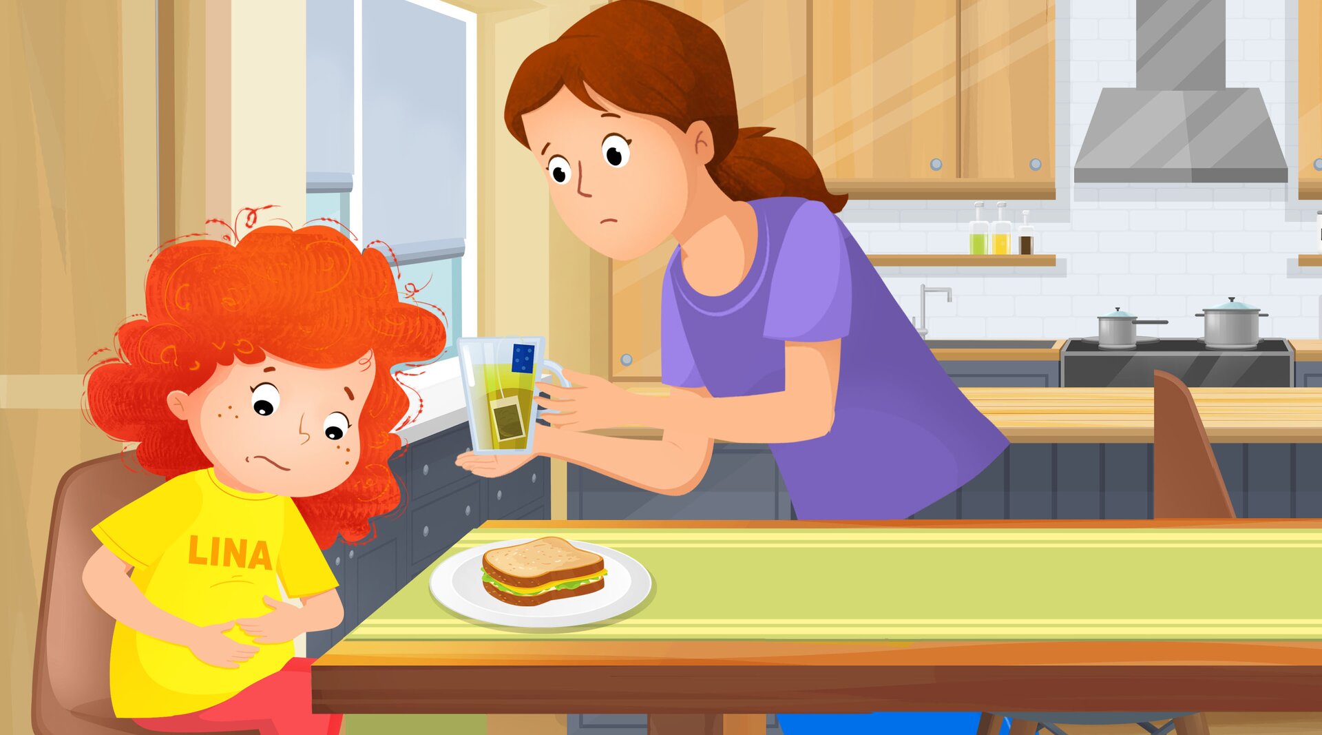 Na ilustracji znajduje się mama i dziewczynka, która trzyma się za brzuch.