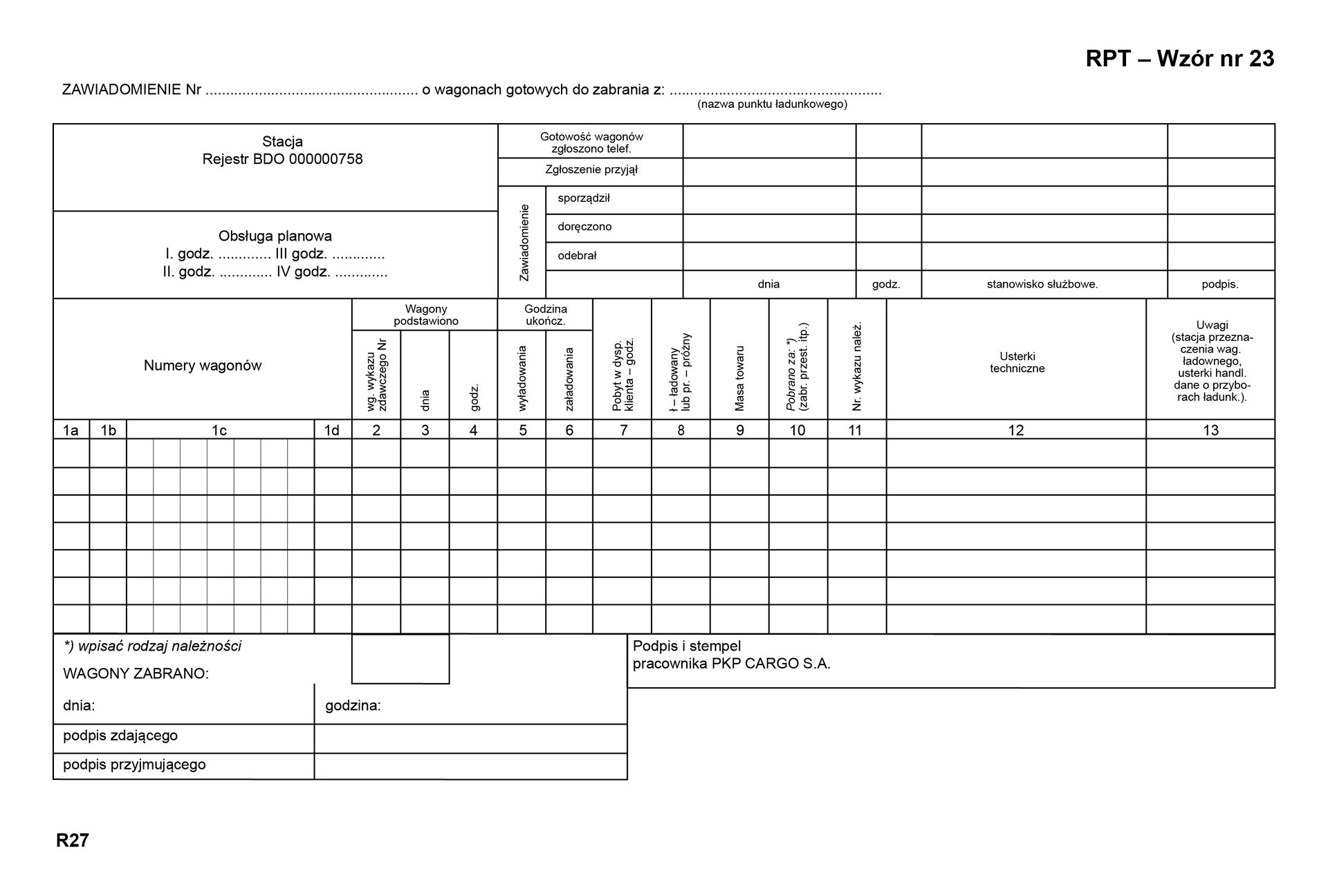 Grafika przedstawia zawiadomienie o wagonach gotowych do zabrania. Dokument ten ma formę tabelaryczną. Znajduje się tu miejsce na dane takie jak: stacja, data i godzina zgłoszenia gotowości wagonów telefonicznie, oraz przyjęcia zgłoszenia, numery wagonów, numer wykazu zdawczego, data i godzina wystawienia wagonów, masa towarów, usterki techniczne oraz uwagi.