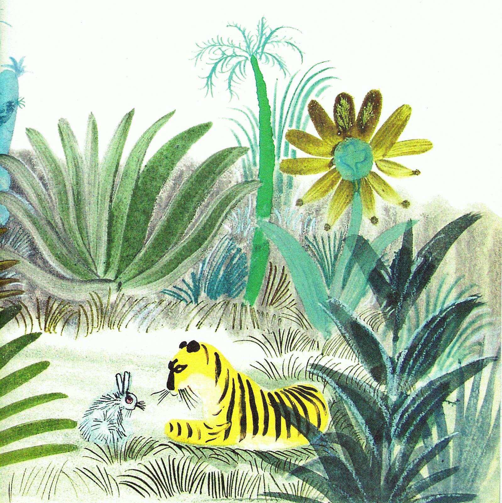 Ilustracja przedstawia pracę Józefa Wilkonia z książki Czesława Janczarskiego "Tygrys o złotym sercu". Ukazuje leżącego tygrysa, który patrzy na siedzącego naprzeciw królika. Zwierzęta otoczone są zaroślami i egzotycznymi kwiatami.