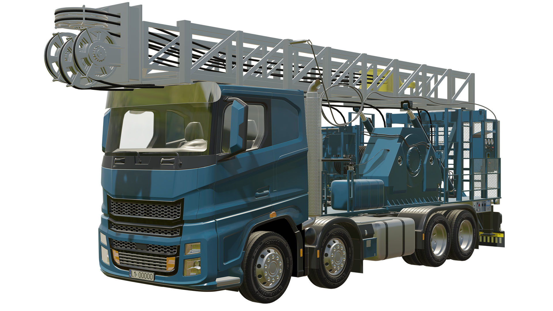 Na zdjęciu przedstawione jest urządzenie obróbcze typu <math aria‑label="MSC myślnik dwieście pięćdziesiąt">MSC-250. Jest to ciężarówka. Pojazd przedstawiony jest pod kątem i jest w większości niebieskiego koloru. Przez drabinę znajdującą się w górnej części pojazdu przypomina wóz strażacki. Na lewym końcu drabiny znajduje się szara część z czterema kołowrotkami, na których zaczepione są czarne liny poprowadzone w środku drabiny do tylnej części maszyny oraz poprowadzone pod drabiną. Podwójny kołowrotek znajduje się u góry i jest ustawiony poziomo, pod nim znajdują się obok siebie pozostałe trzy w orientacji pionowej.Pomiędzy kabiną kierowcy, a mocowaniem drabiny znajduje się niebieska konstrukcja. Jest to sporych rozmiarów podciągnik drabiny o dwóch ramionach. Przed zbiornikiem znajdują się rury oraz zawory. Tuż obok podciągnika znajduje się okrągły element, na który nawinięta jest czarna lina. Tuż nad podciągnikiem znajduje się szara lina łącząca drabinę z tyłem pojazdu. Za zbiornikiem znajduje się niebieska konstrukcja będąca podstawą drabiny. Składa się ona z drabinek oraz niebieskiej skrzynki. Na samym końcu znajduje się szara siatka zakrywająca tył pojazdu. Z tyłu pojazdu widoczny jest zderzak. Między ostatnim kołem, a zderzakiem znajduje się panel z przyciskami.