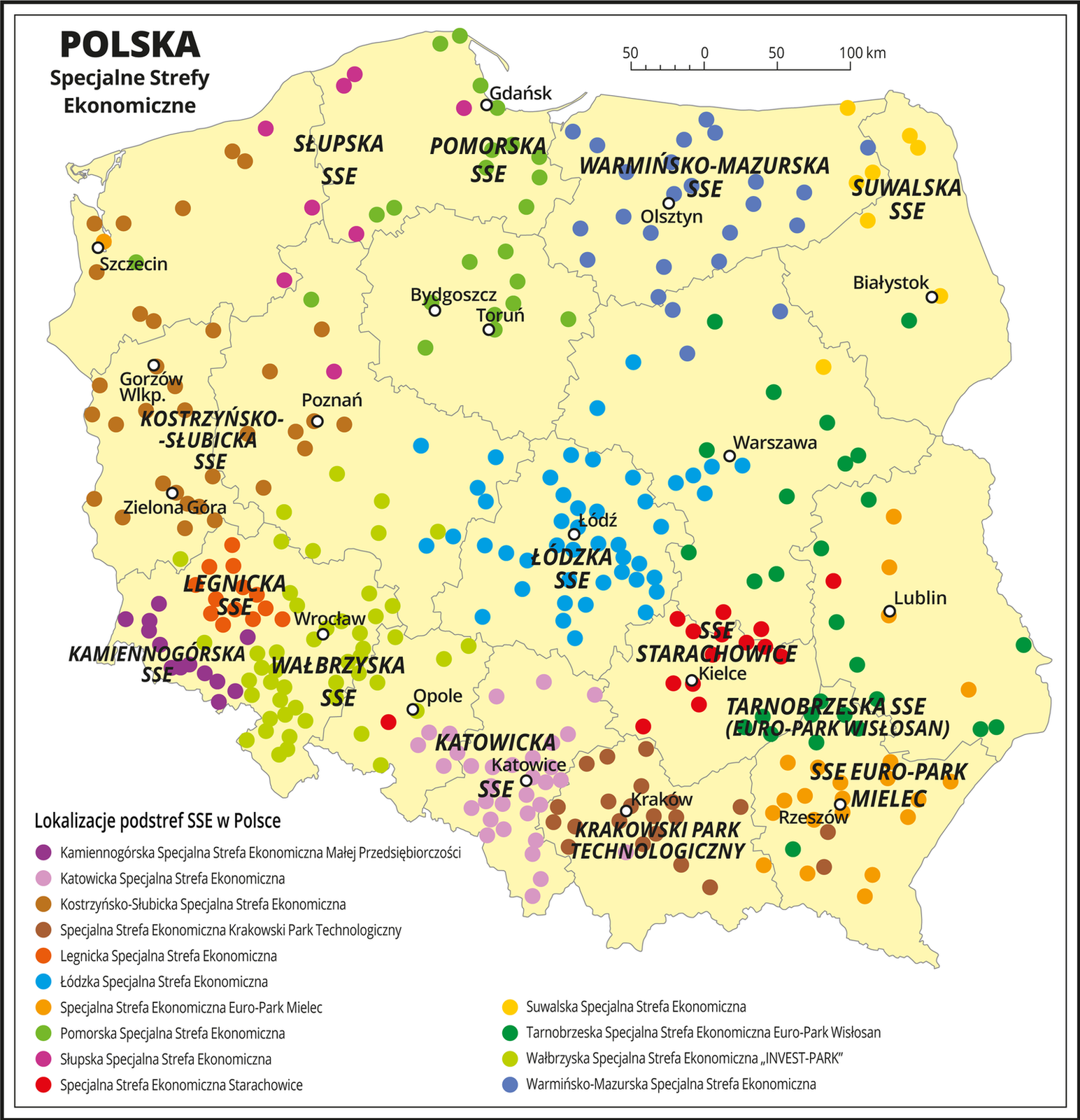Ilustracja przedstawia mapę Polski z podziałem na województwa. Znaczono kółkami i opisano stolice województw. Na mapie opisano specjalne strefy ekonomiczne: Słupska SSE, Pomorska SSE, Warmińsko‑Mazurska SSE, Suwalska SSE, Kostrzyńsko‑Słubicka SSE, Legnicka SSE, Kamiennogórska SSE, Wałbrzyska SSE, Katowicka SSE, Łódzka SSE, SSE Starachowice, Krakowski Park technologiczny, Tarnobrzeska SSE, SSE Euro‑Park Mielec. Kolorowymi punktami oznaczono lokalizacje podstref SSE, gdyż niekiedy ich ośrodki są znacznie oddalone od specjalnej strefy ekonomicznej. Na przykład Pomorska SSE sięga Bydgoszczy i Torunia, a Tarnobrzeska SSE sięga województwa mazowieckiego.