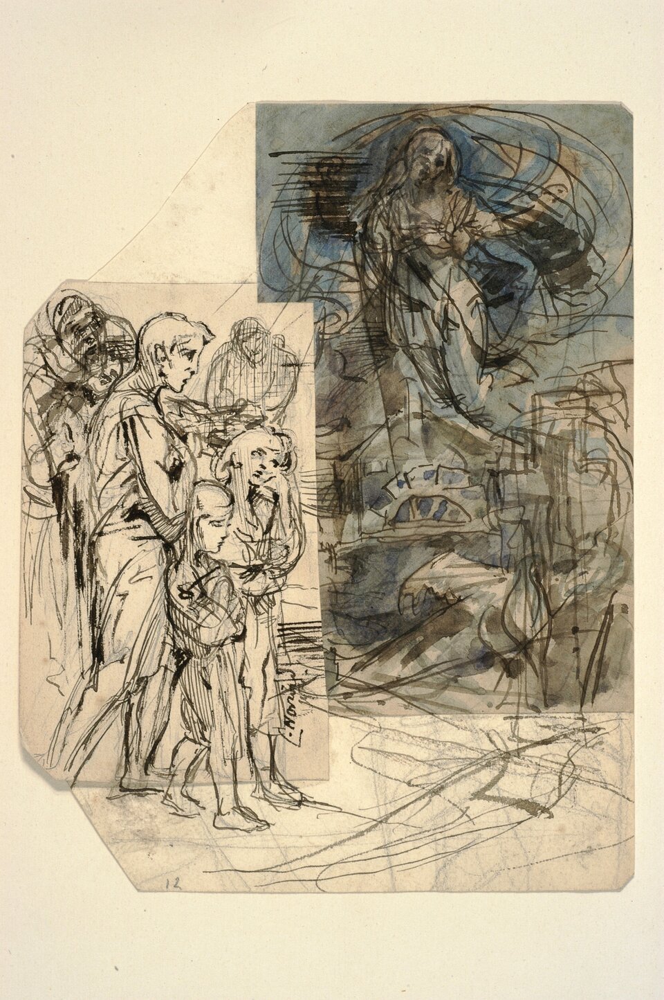 Ilustracja jest zestawieniem dwóch szkiców. Na pierwszym widać grupę ludzi, na drugim kobietę.