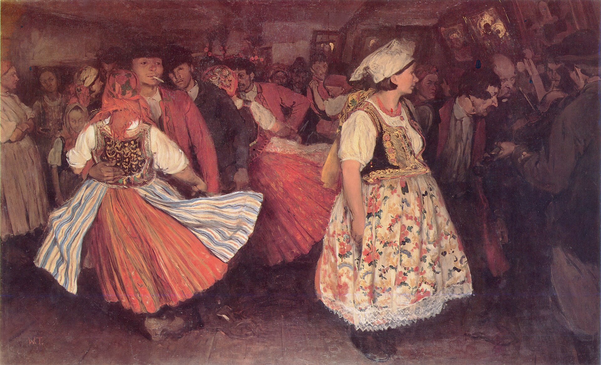 Obraz przedstawia wnętrze karczmy podczas zabawy. Na środku widać pary, które tańczą. Część ludzi stoi przy ścianach. Na pierwszym planie znajduje się kobieta, ubrana w białą bluzkę, białą spódnicę w kolorowe kwiaty, zakończoną koronką. Na bluzce ma haftowaną, czarno‑złotą kamizelkę, na głowie białą chustę.