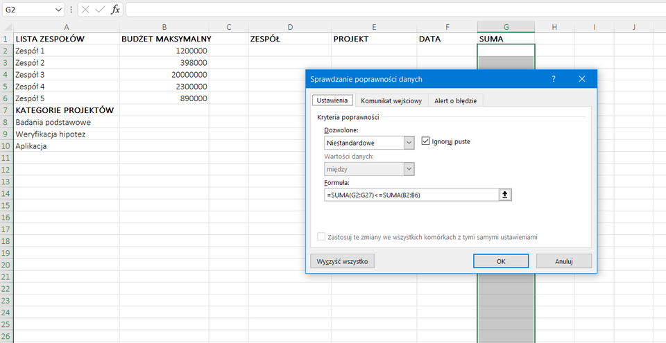 Ilustracja przedstawia arkusz kalkulacyjny. W komórce A1 jest napis: Lista zespołów, w A7 Kategorie projektów, w B1 Budżet maksymalny, w D1 Zespół, w E1 Projekt, w F1 Data, w G1 Suma. Tam, gdzie Zespół, Projekt, Data, Suma komórki kolumn są puste. Komórki kolumny G, czyli Sumy, są zaznaczone na szaro, całość otoczono zieloną ramką. Na tle arkusza wyświetla się okno dialogowe o nazwie: Sprawdzanie poprawności danych. Tam w Ustawieniach zaznaczono: Kryteria poprawności, Dozwolone: Niestandardowe, Ignoruj puste. Wartości danych: między. Formuła: =SUMA(G2:G27):<=SUMA(B2:B6). Zastosowano przycisk OK.    