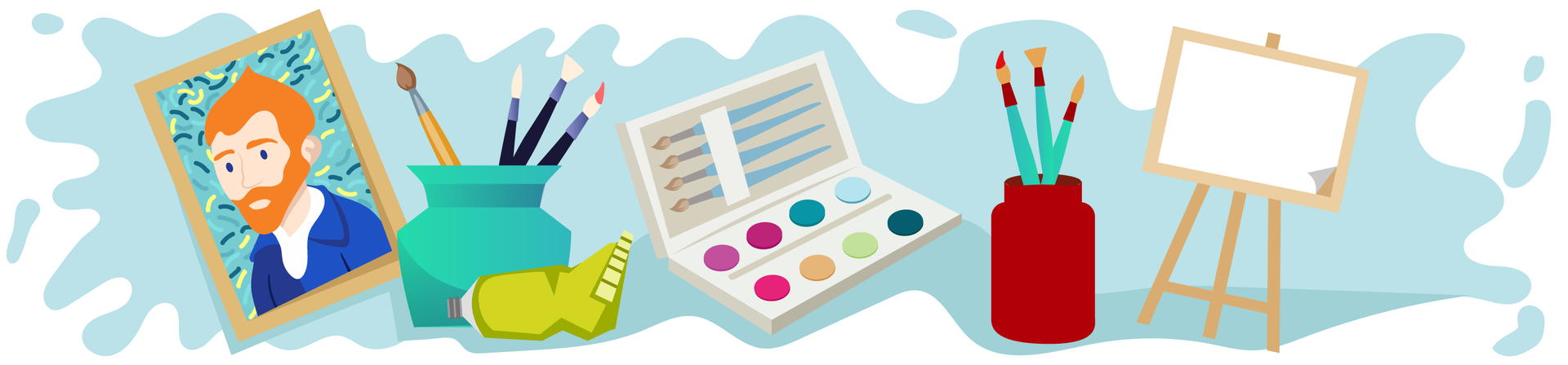 Ilustracja przedstawia przedmioty związane z malarstwem znajdujące się na jasnoturkusowym tle. Tło przypomina rozlaną farbę. Po lewej stronie jest obraz w jasnobrązowej ramce. Obraz przedstawia autoportret Vincenta van Gogha. Jest to mężczyzna o krótkich rudych włosach, wąsach i krótkiej brodzie. Na prawo od obrazu stoi turkusowy pojemnik, w którym znajdują się cztery pędzle. Obok leży otwarta jasnozielona tubka farby. Na środku widać otwartą jasnoszarą kasetkę, w której jest osiem różnokolorowych farb i przegródka z czterema pędzlami. Na prawo od kasetki stoi ciemnoczerwony pojemnik, w którym znajdują się kolejne trzy pędzle. Po prawej stronie ilustracji jest jasnobrązowa sztaluga z ustawionym na niej białym płótnem malarskim.