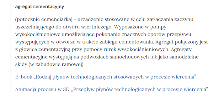 Widok pojęć w słowniku i linków przekierowujących do odpowiednich materiałów multimedialnych