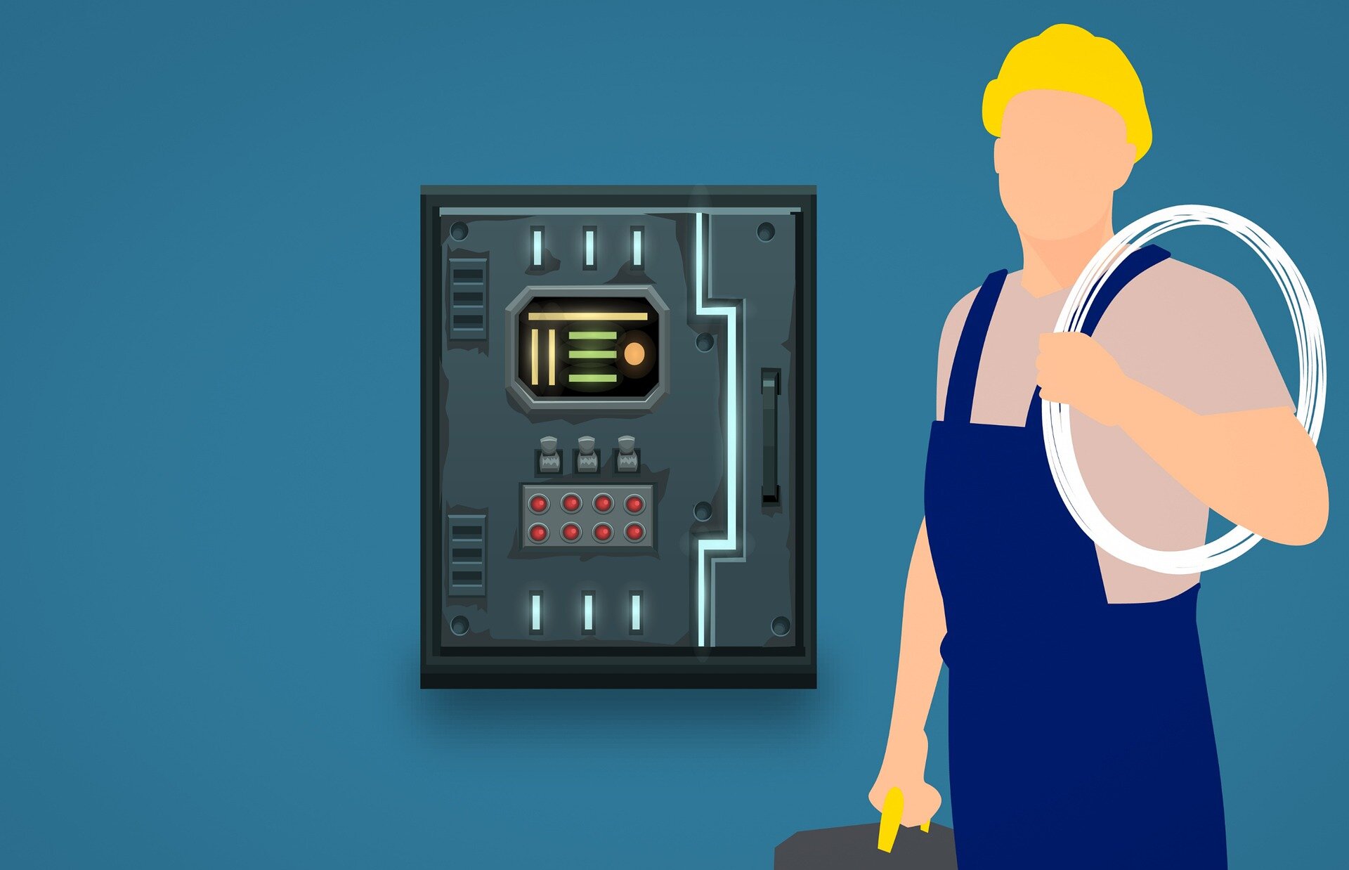 Grafika przedstawia pracownika ubranego w granatowe spodnie robocze, beżową koszulkę i żółty kask. Pracownik ma na ramieniu zwój przewodu elektrycznego i stoi przy tablicy rozdzielczej.