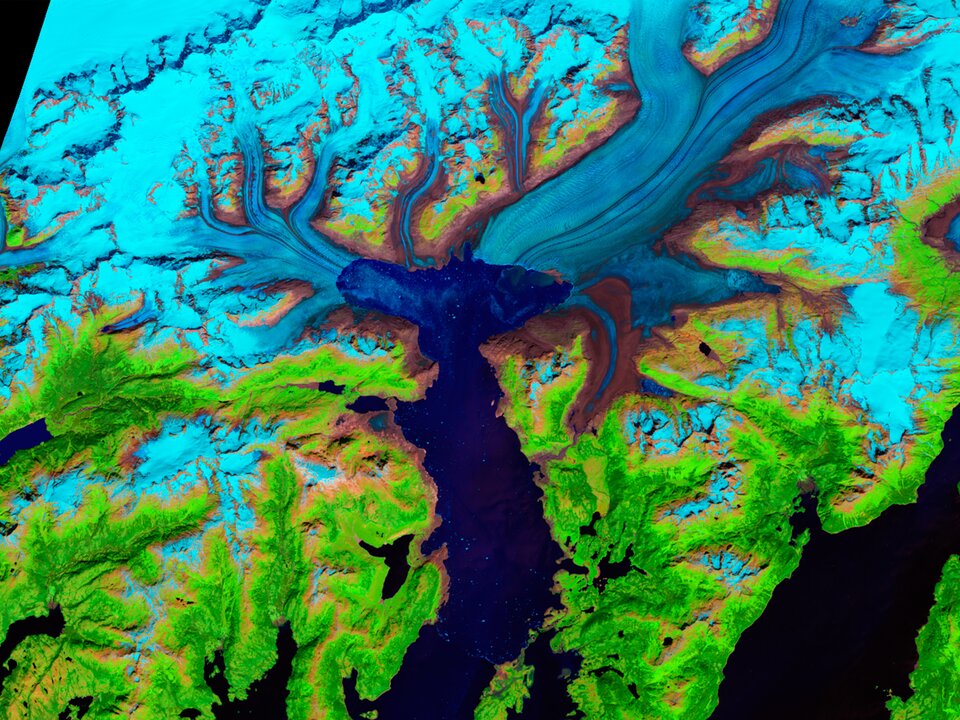 Zdjęcie satelitarne przedstawia zasięg górskiego lodowca. Lodowiec znacznie się cofnął. Jest tylko w górnej połowie zdjęcia. Brak lodu odsłonił część terenu po lewej i prawej stronie jęzora lodowca.  