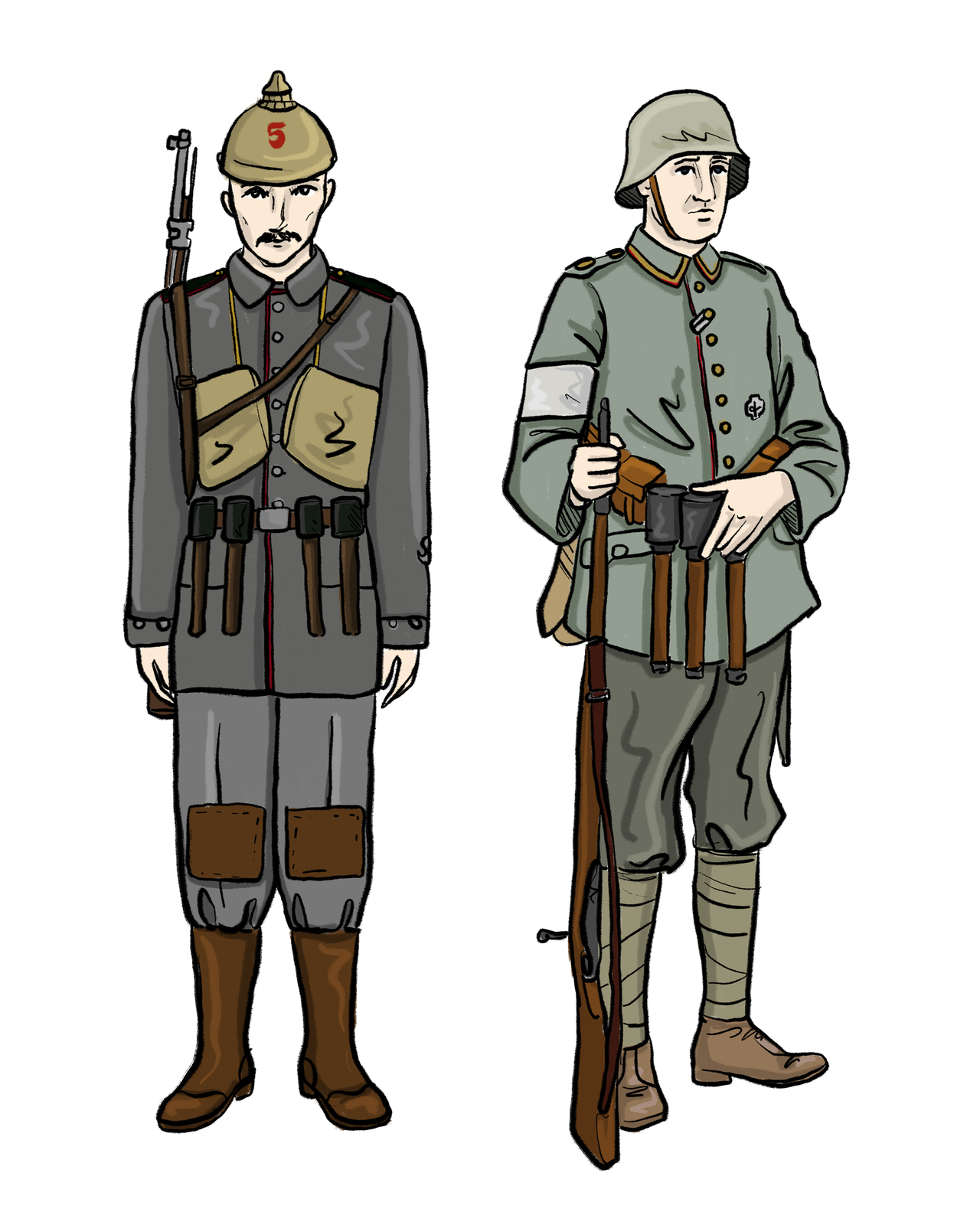 Ilustracja przedstawia żołnierzy armii niemieckiej z dwóch różnych okresów walki. Bohater z lewej strony walczący na początku I wojny światowej. Ubrany na szaro, wysokie brązowe bojówki, na piersi saszetki i hełm ze szpicem.  Na kolonach brązowe łaty. Żołnierz z prawej walczący pod koniec I wojny światowej miał nisko opadający hełm, mundur w kolorze szaro-zielonym. Na nogach trzewiki i wysoko zawiązane piszczele. Przepasany drobnymi narzędziami. 