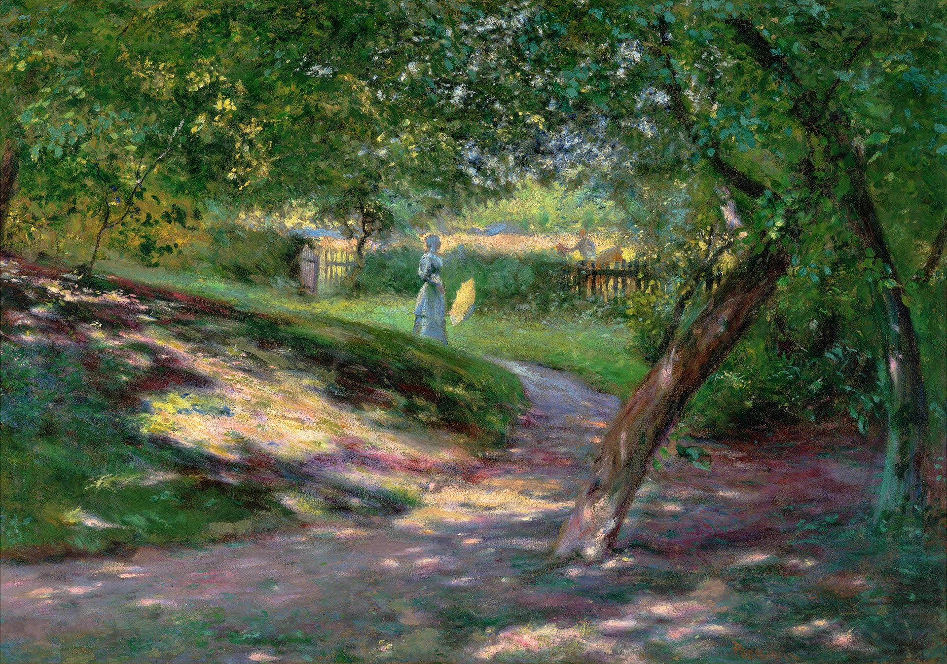 Artysta przedstawił scenę spotkania w ogrodzie. W centralnej części ukazana została spacerująca z parasolką kobieta, którą zza płotu pozdrawia jadący na koniu mężczyzna. Przez korony drzew przeświecają promienie słoneczne.  Kobieta spaceruje aleją ogrodu, którą otaczają liczne zielone drzewa oraz krzewy.   