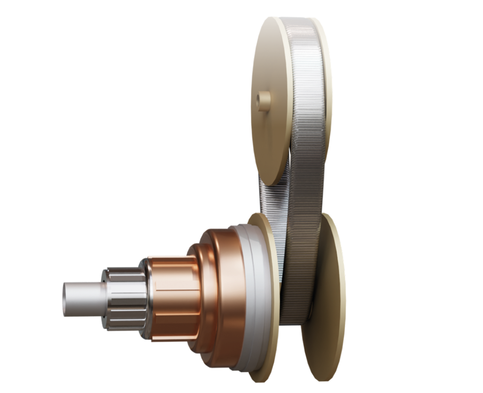 Na ilustracji jest przekładnia cierna. Przedstawia mechanizm urządzenia, które jest zbudowane z dwóch kół ciernych o walcowatym kształcie. Górne koło ma postać wąskiej szpuli, dolny ma postać nieco szerszej szpuli z umocowanymi do niej pięcioma cylindrami. Umocowane są po lewej stronie i mają coraz mniejszą średnicę. Szpule opasane są przez łączącą je taśmę.