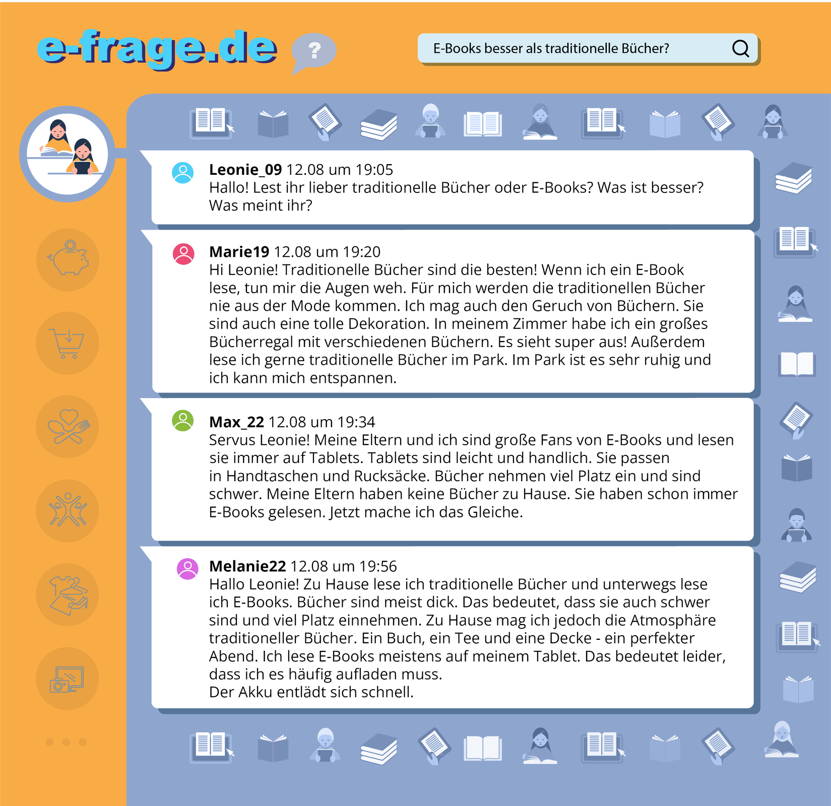 Widoczna jest ilustracja. Przedstawia stronę forum internetowego e‑frage.de oraz komentarze użytkowniczek i użytkowników. Transkrypcja dostępna jest poniżej.