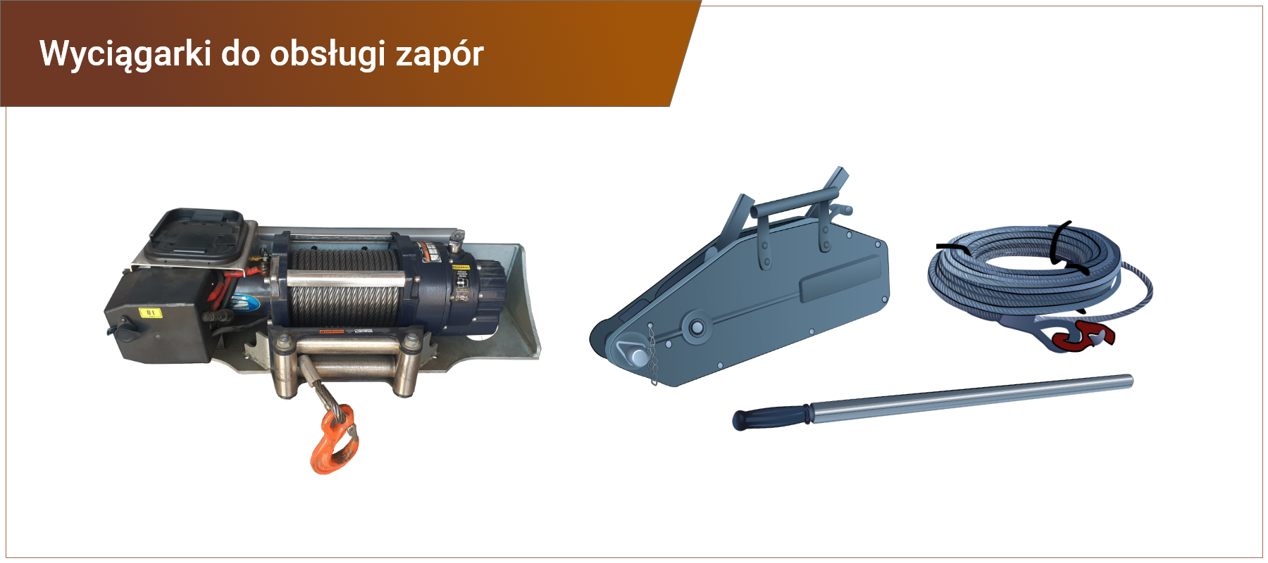 Zdjęcie w ramce z podpisem: wyciągarki do obsługi zapór. Składa się ze zdjęcia i grafiki przedstawiających wyciągarkę. Wyciągarka mechaniczna na zdjęciu składa się z obudowy, silnika oraz metalowej liny z karabińczykiem. Na grafice osobno przedstawiona jest obudowa wyciągarki ręcznej wraz z uchwytem, lina z karabińczykiem oraz ramię do naciągania liny.