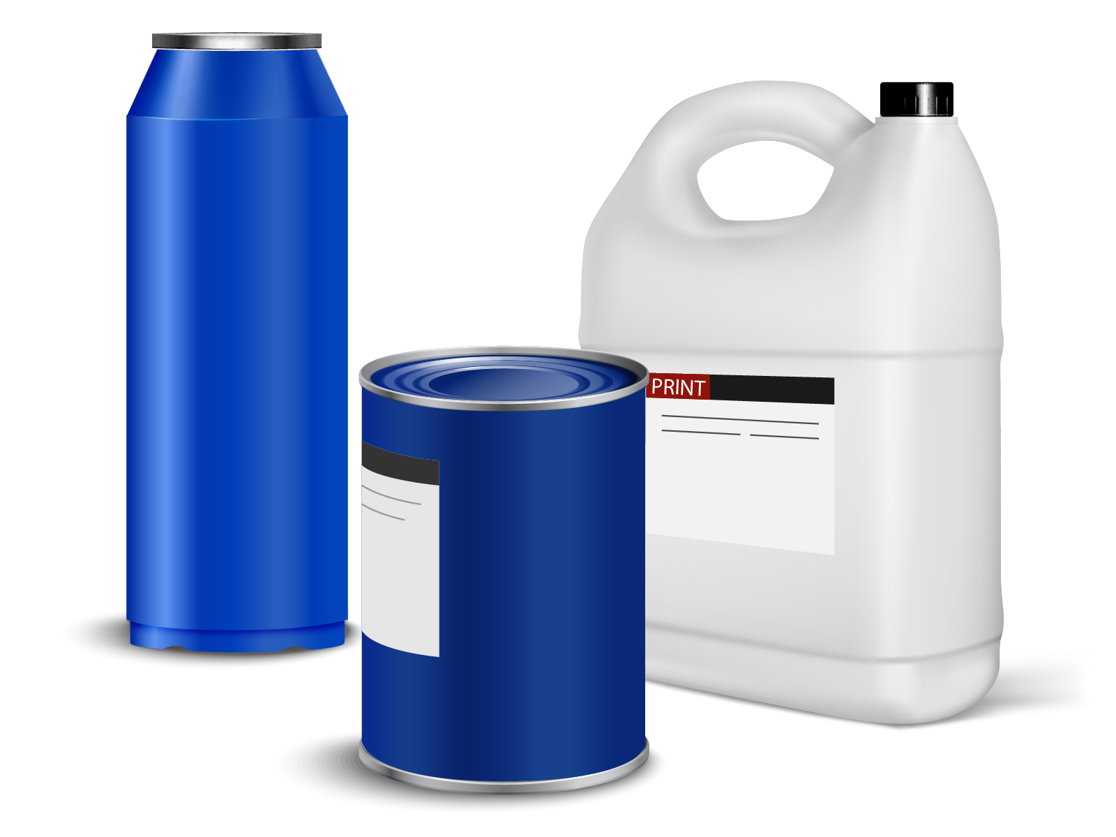 Grafika przedstawia opakowania lakierów fleksograficznych. Od lewej widoczny jest cylindryczny, niebieski pojemnik, u góry zakończony w formie ściętego stożka z metalowym paskiem na samej górze. Pośrodku widoczny jest walcowaty, granatowy pojemnik, z fragmentem etykiety po lewej stronie, pośrodku pojemnika. Po prawej widoczny jest duży biały pojemnik w formie kanistra, z etykietą na bocznej ściance i czarną zakrętką. 