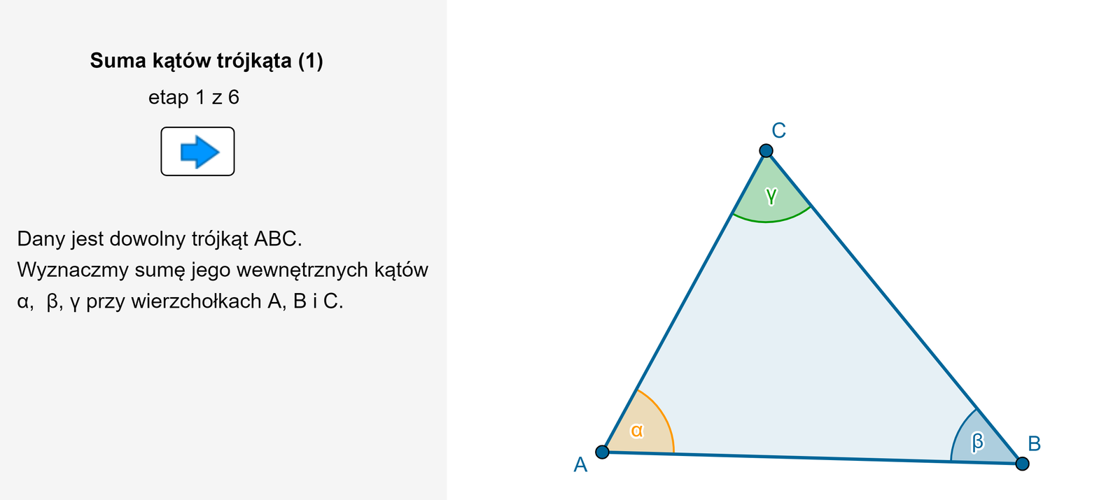 Animacja pokazuje w sześciu krokach, że suma miar kątów wewnętrznych w trójkącie jest równa 180 stopni. Dany jest trójkąt A B C o kątach wewnętrznych alfa, beta, gamma. Zaznaczamy punkty K i L, które są środkami boków AC i BC. Prowadzimy odcinek KL. Odbijamy trójkąt K L C w symetrii względem prostej KL. Kąt gamma przekształcił się w kąt gamma prim i oba kąty mają taką samą miarę. Zaznaczamy punkt E na boku AB i odbijamy trójkąt A E K w symetrii względem prostej KE. Kąt alfa przekształcił się w kąt alfa prim i oba kąty mają taką samą miarę. Zaznaczamy punkt F na boku AB i odbijamy trójkąt F B L w symetrii względem prostej L F. Kąt beta przekształcił się w kąt beta prim i oba kąty mają taką samą miarę. Powstał prostokąt K L F E. Wszystkie kąty trójkąta A B C mają wspólny wierzchołek leżący na boku EF prostokąta (także na boku AB trójkąta). Zauważamy, że suma kątów alfa prim plus beta prim plus gamma prim jest równa 180 stopni. Ponieważ kąt alfa prim jest równy alfa, kąt beta prim jest równy beta a kąt gamma prim jest równy gamma, więc suma kątów alfa plus beta plus gamma jest równa 180 stopni. Zatem: suma kątów wewnętrznych dowolnego trójkąta jest równa 180 stopni.
