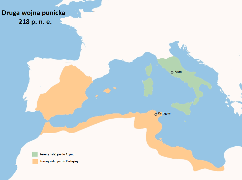 Ilustracja prezentuję mapę drugiej wojny punickiej 218 p.n.e. Na mapie oznaczone zostały dwa rodzaje terenów. Tereny należące do Rzymy (wyznacza je oznaczone na mapie miasto Rzym) oraz tereny należące do Kartaginy (wyznacza je oznaczone na mapie miasto Kartagina). Do Rzymu należy środkowa i południowa część Włoch wraz z Sycylią i dwoma wyspami na wschód od wschodniego wybrzeża Włoch. Do Kartaginy należy południowa i cała zachodnia część Półwyspu Iberyjskiego oraz północne wybrzeże Afryki i dwie maleńkie wysepki na zachód od wybrzeża Hiszpanii.