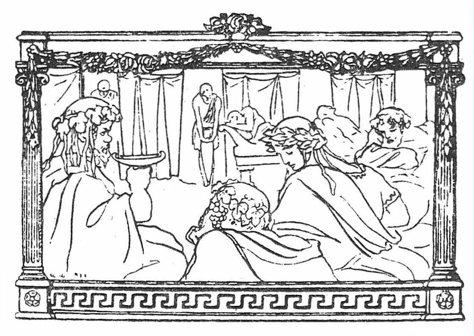 Rycina przedstawia scenę uczty w stylu antycznym, inspirowaną dialogiem Platona. W centralnym punkcie znajduje się grupa osób ubranych w szaty greckie, rozmawiających przy stole. W tle widoczne są kolumny, nawiązujące do architektury greckiej. Postacie w różnych pozach prowadzą ożywioną dyskusję, a na stole znajdują się naczynia i jedzenie. Scena oddaje atmosferę intelektualnych rozważań w starożytnej Grecji.