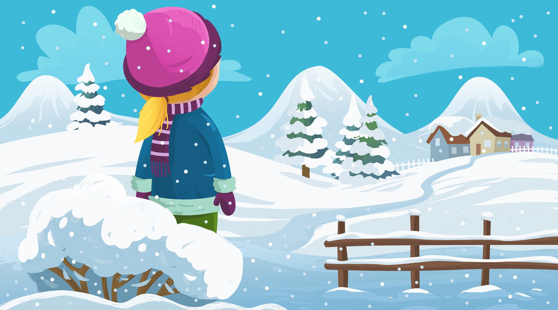 Ilustracja przedstawia zimową scenerię i ciepło ubraną dziewczynkę, która patrzy w stronę domu stojącego nieopodal.