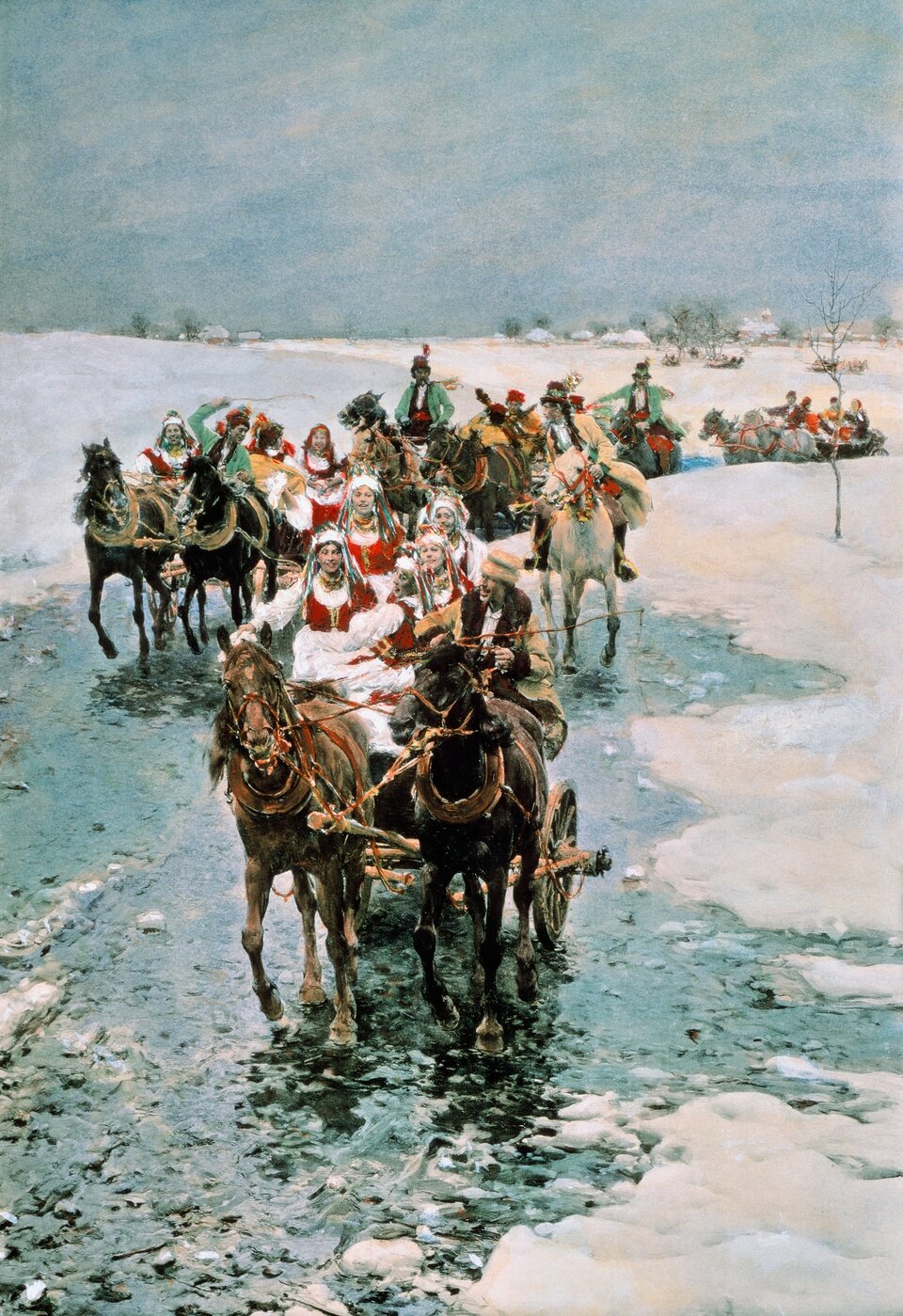 Na obrazie przedstawiono orszak poruszający się przez zimowy krajobraz. Na pierwszym planie widoczny jest zaprzęg konny prowadzony przez woźnicę. W wozie siedzą kobiety ubrane w tradycyjne stroje ludowe – białe chusty, spódnice i bluzki, czerwone kamizelki i ozdobne nakrycia głowy. Za nimi, zarówno na koniach, jak i w kolejnych zaprzęgach, jadą inni uczestnicy orszaku – kobiety i mężczyźni w strojach ludowych. Tło stanowi pokryty śniegiem krajobraz z rozproszonymi zabudowaniami na horyzoncie. Droga, którą porusza się orszak, jest oblodzona i częściowo pokryta wodą lub topniejącym śniegiem. W oddali widać kolejnych jeźdźców oraz konie. Scena rozgrywa się na otwartym terenie pod pochmurnym niebem.  