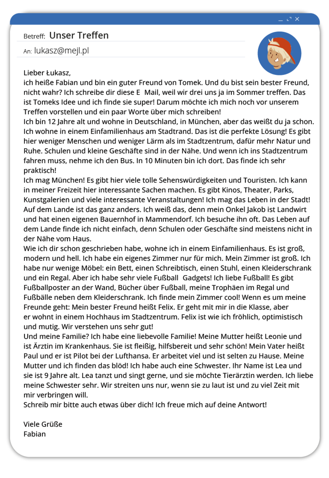 Grafika przedstawia okno wiadomości   e‑mail z nagłówkiem,   Unser Treffen adresem odbiorcy i treścią wiadomości. Treść dostępna w transkrypcji poniżej.