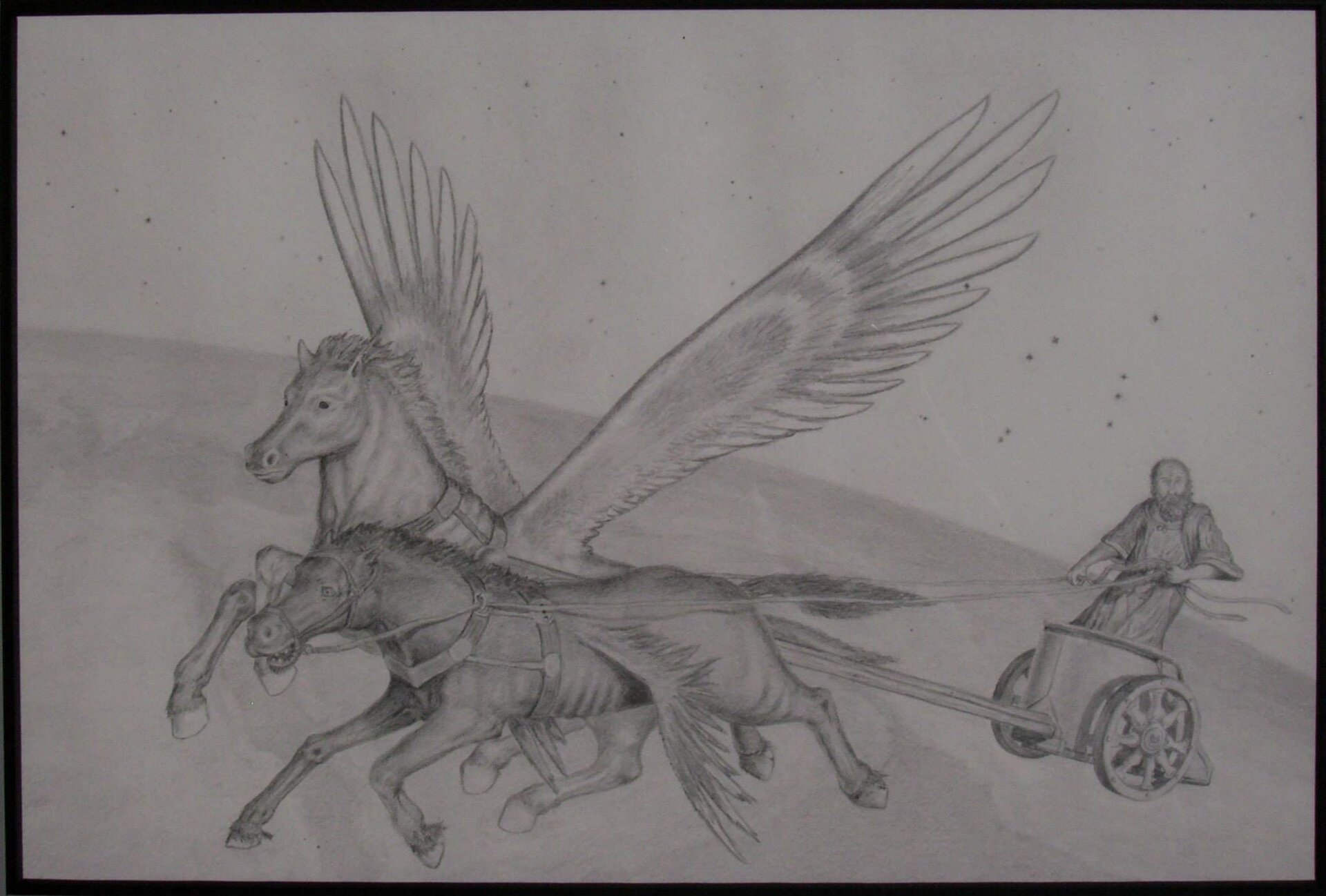 Ilustracja przedstawia dwa skrzydlate konie, które ciągną rydwan z brodatym mężczyzną.