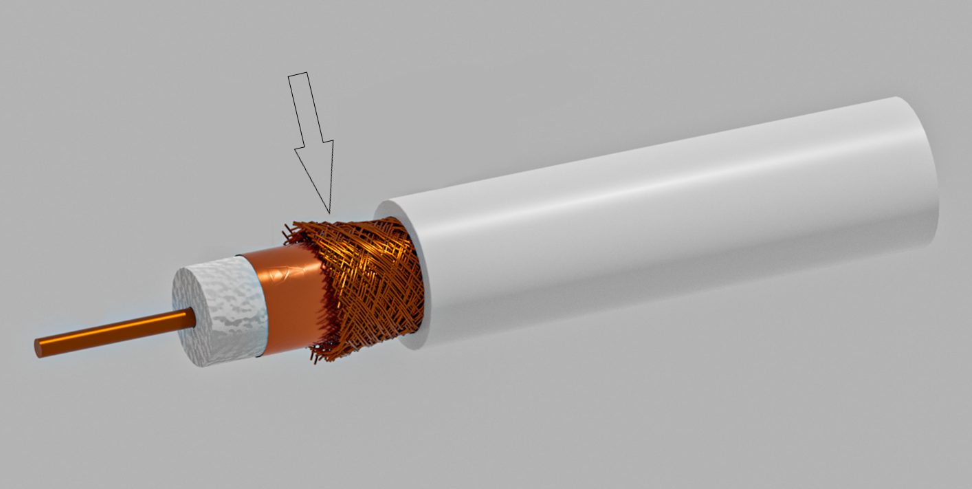 Zdjęcie przedstawia kabel koncentryczny. Widoczna jest jego część zwana siatką.