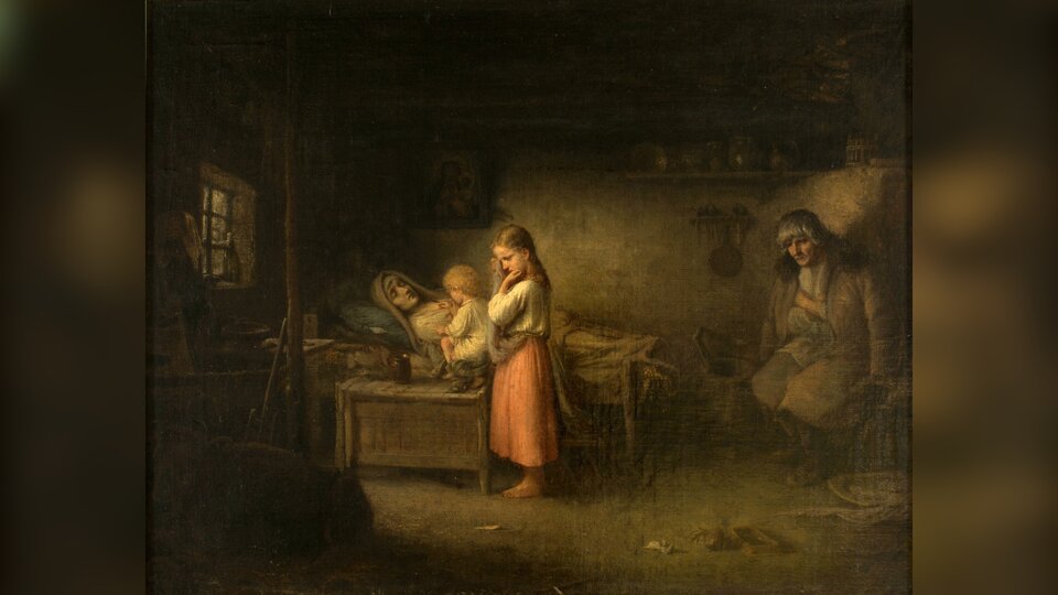 Obraz przedstawia wnętrze wiejskiej chałupy. Znajduje się w niej proste łóżko, na którym leży kobieta. Siedzi przy niej małe dziecko i stoi dziewczynka. W pobliżu siedzi mężczyzna. W izbie jest ciemno.