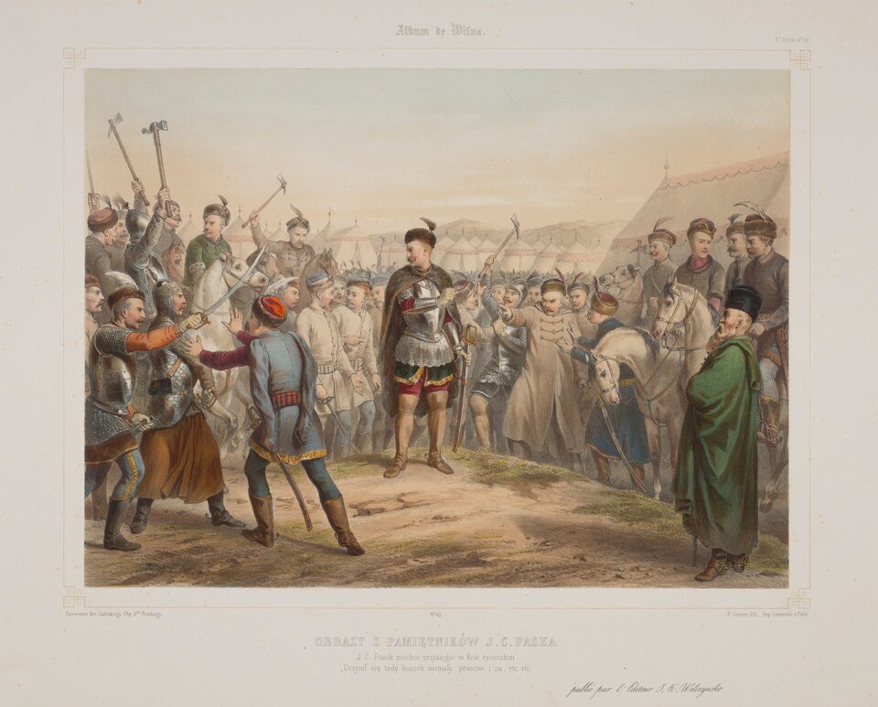 Obraz przedstawia pole, na którym licznie zgromadzona jest szlachta. Trwa spór. Naprzeciw siebie stoi dwóch mężczyzn. Po prawej stronie starszy mężczyzna w zielonej pelerynie stoi zadumany. Na głowie ma czarną, futrzaną czapkę. Ma siwe wąsy i brodę. Naprzeciw niego stoi młody szlachcic w zbroi, ale nie ma na głowie hełmu, tylko szlachecką czapkę z piórkiem. Sięga po szablę.Głowę ma odwróconą w kierunku zgromadzonej za nim szlachty.  W lewym rogu dwaj szlachcice w zbrojach nacierają na młodego szlachcica, który próbuje ich zatrzymać. Scenę otacza liczna grupa szlachty. Niektórzy siedzą na koniach. Widać podniesione do góry oskardy. Twarze mężczyzn są zagniewane. W tle liczne namioty.