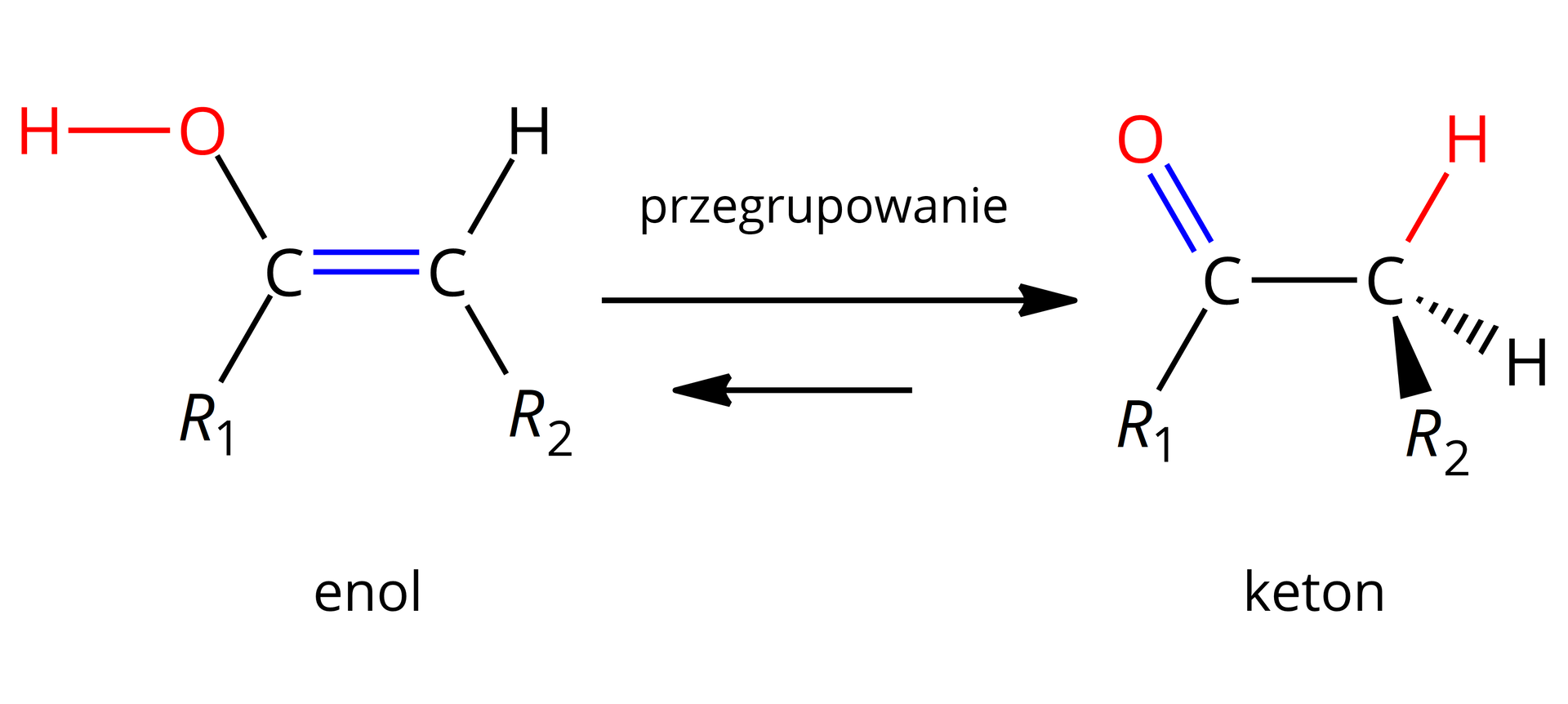Ilustracja przedstawia przegrupowanie enolu do ketonu. Na obrazku znajduje się wzór związku z wiązaniem podwójnym węgiel - węgiel. Do pierwszego atomu węgla dołączone są grupa OH i R1 za pomocą wiązań pojedynczych. Do drugiego atomu węgla dołączona jest grupa R2 i atom wodoru za pomocą wiązań pojedynczych. Pod wzorem znajduje się podpis: enol. Dalej znajduje się strzałka w prawo nad którą znajduje się zapis: przegrupowanie. Poniżej znajduje się strzałka w lewo która jest krótsza od powyższej. Produktem jest związek bez wiązania podwójnego między atomami węgla. Do pierwszego atomu węgla przyłączone są atom tlenu za pomocą wiązania podwójnego oraz grupa R1 przez wiązanie pojedyncze. Atom węgla łączy się z kolejnym atomem węgla który tworzy wiązanie pojedyncze z dwoma atomami wodoru oraz pojedyncze z grupą R2. Pod wzorem znajduje się podpis: keton.