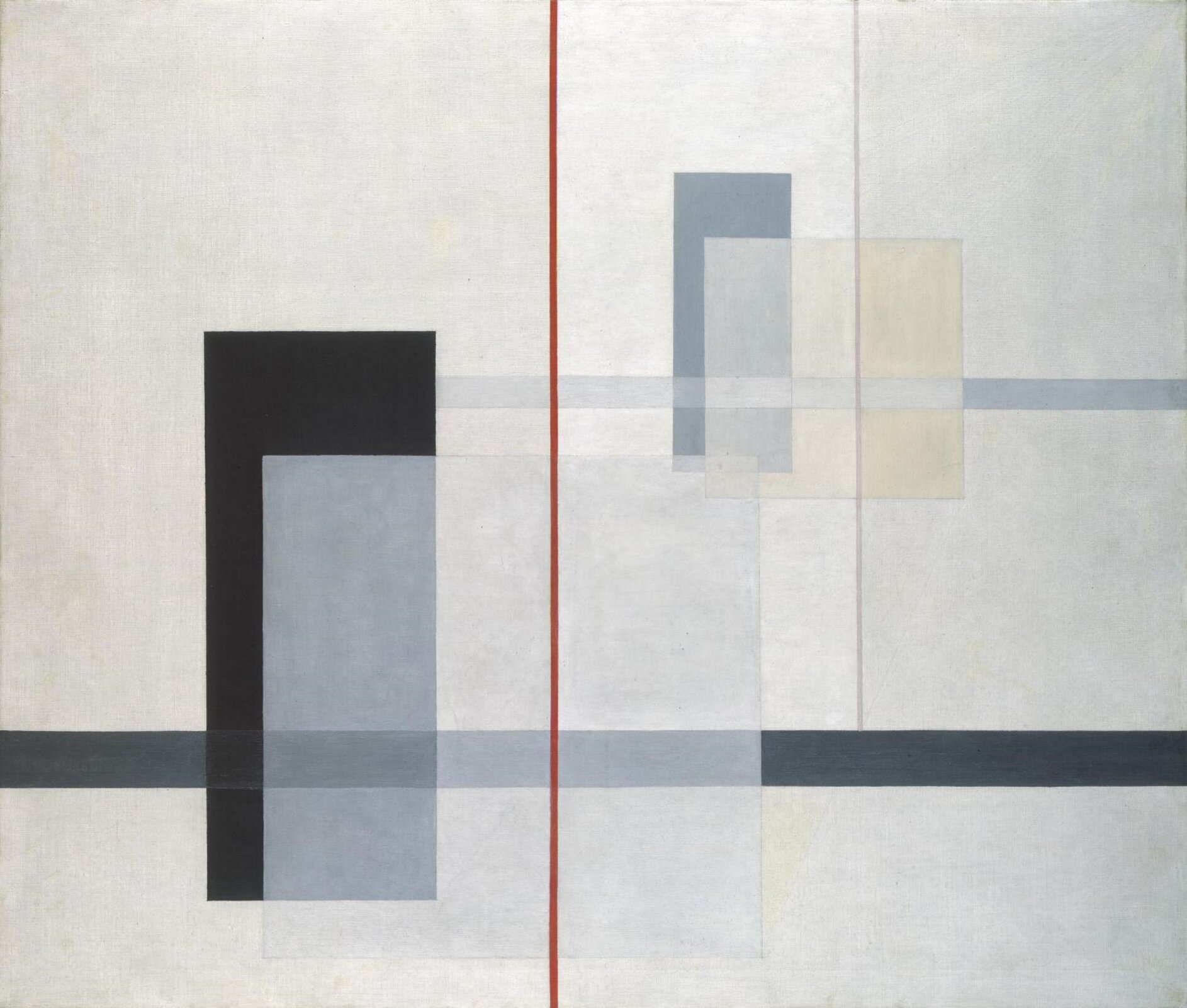 Ilustracja przedstawia obraz László Moholy-Nagy’ego pt. „K VII”. Ukazuje on różne, kolorowe geometryczne kształty. Na środku obrazu znajduje się charakterystyczna czerwona linia, przebiegająca pionowo, z góry na dół.