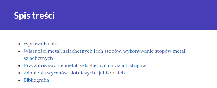 Widok początkowy po wejściu w e‑booka. Na górze znajduje się tytuł lekcji, poniżej zaznaczone, że jest to e‑book, a poniżej spis treści.