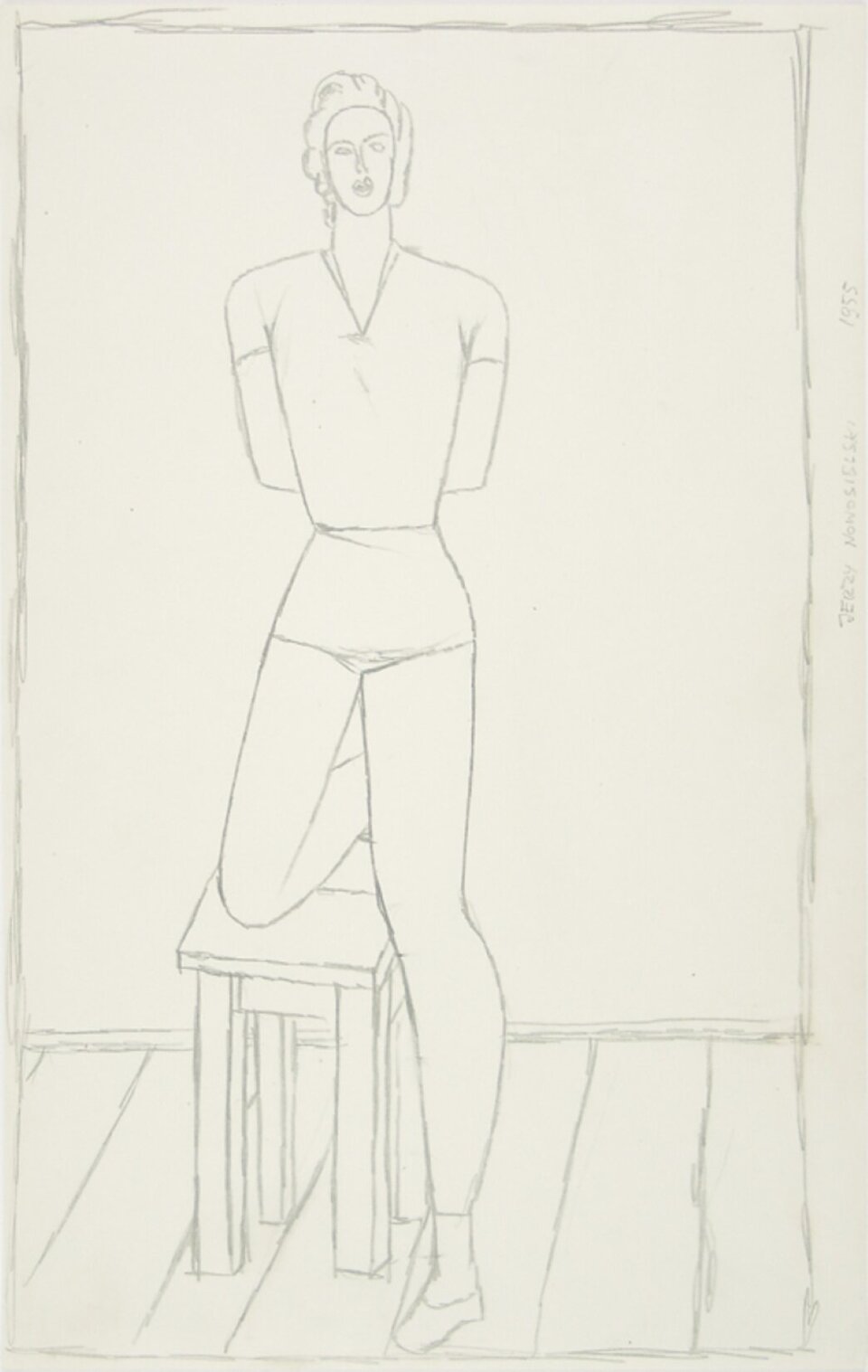 Ilustracja przedstawia pracę Jerzego Nowosielskiego pod tytułem „Postać”. Ma ona średniej długości włosy, mniej więcej do połowy szyi. Ubrana jest w krótką koszulkę z kołnierzem i krótkie szorty. Postać ma dłonie schowane za plecami. Postać stoi przy ścianie, opierając lewe kolano o taboret.