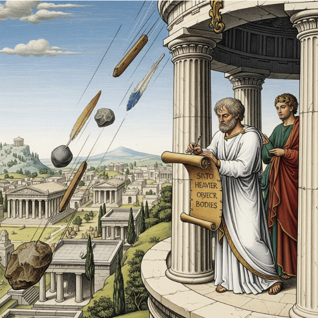 Ilustracja przedstawiająca Arystotelesa obserwującego spadanie różnych przedmiotów, nawiązująca do starożytnych poglądów o naturze ruchu.