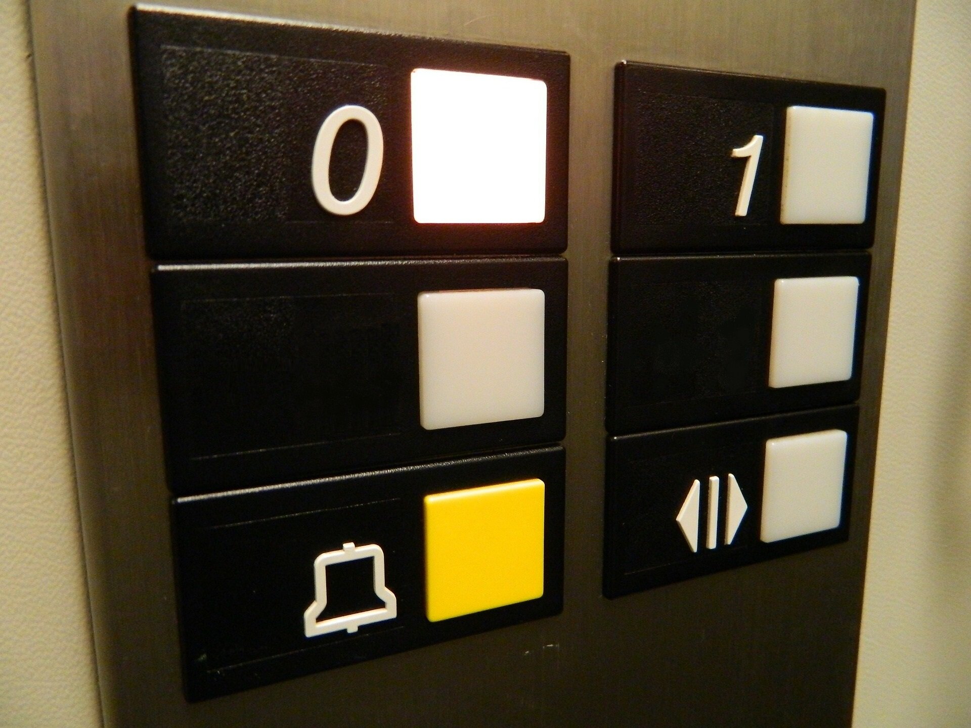 Zdjęcie przedstawia przyciski w windzie, rozmieszczone w dwóch kolumnach po trzy. Środkowe przyciski są nieopisane. W lewej kolumnie od góry cyfra zero, na dole ikona dzwonka. W prawej kolumnie od góry cyfra jeden, na dole ikona otwierania drzwi (trójkąt skierowany wierzchołkiem w lewą stronę, prostokąt, trójkąt skierowany wierzchołkiem w prawą stronę).