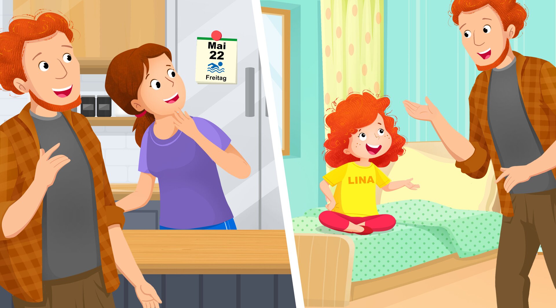 Ilustracja podzielona jest na dwa kadry. Pierwszy przedstawia rodziców patrzących na kartkę w kalendarzu z datą dwudziesty drugi maja i ikonką pływaka. Na drugim kadrze tata rozmawia ze swoją córką Liną, która siedzi w swoim pokoju na łóżku.