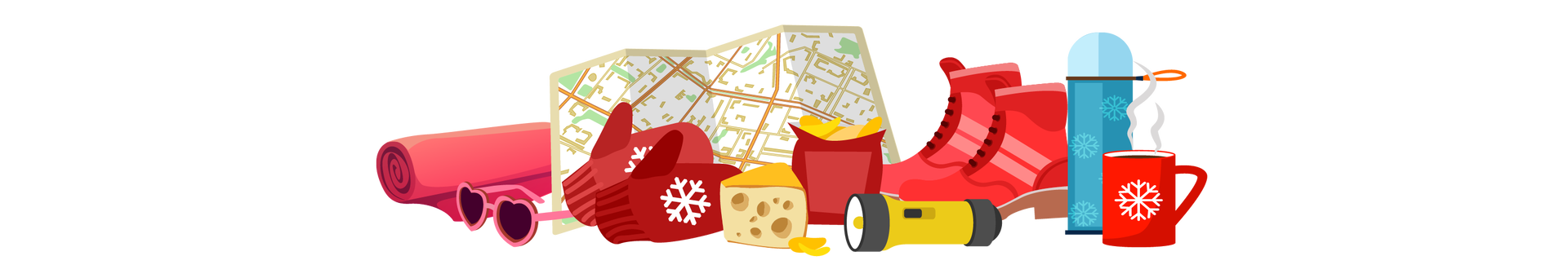 Ilustracja przedstawia przedmioty przydatne podczas wędrówki górskiej. Od lewej są to: czerwony koc zwinięty w rulon, okulary przeciwsłoneczne w różowych oprawkach w kształcie serduszek, czerwone rękawiczki z wyszywanym białym płatkiem śniegu na każdej z nich, mapa, duży kawałek żółtego sera, czerwone opakowanie frytek, żółto‑czarna latarka, wysokie czerwone buty, niebieski termos ze wzorem przypominającym płatki śniegu oraz czerwony kubek z parującym napojem. Na kubku jest namalowany biały płatek śniegu.