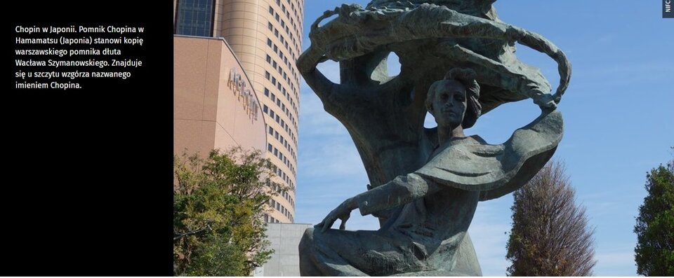 Pomnik Fryderyka Chopina w Hamamatsu w Japonii – rzeźba przedstawiająca kompozytora pod stylizowanym drzewem, będąca kopią warszawskiego pomnika Wacława Szymanowskiego; w tle nowoczesne budynki i drzewa.