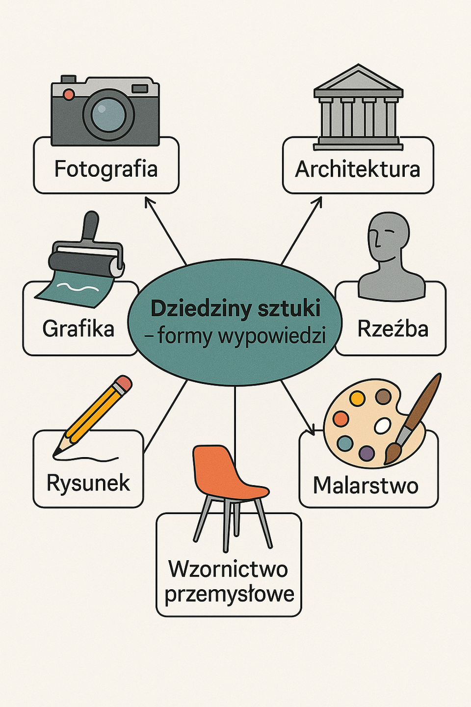 Ilustracja w formie prostokąta przedstawia schemat obrazkowy z podpisami. Wewnątrz schematu niebieska elipsa z tekstem: Dziedziny sztuki – formy wypowiedzi". Wokół rozmieszczone są prostokąty z symbolami odpowiadającymi dziedzinom sztuki, podpisane na dole. Zgodnie z ruchem wskazówek zegara podane zostały symbole i nazwy dziedzin sztuki: ( paleta i pędzel) malarstwo, (popiersie) rzeźba, (portyk świątynii greckiej) architektura, (ołówek i kartka) rysunek, (wałek rozprowadzający farbę) grafika, ( aparat fotograficzny) fotografia, (dizajnerski fotel) wzornictwo przemysłowe.