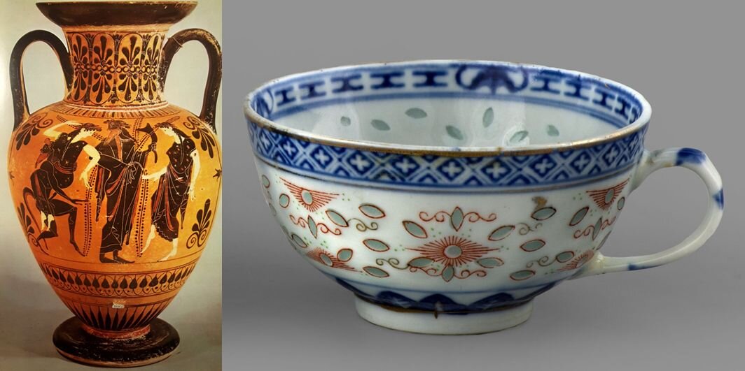 Z lewej waza w stylu czerwonofigurowym, z prawej filiżanka w różnobarwne wzory.