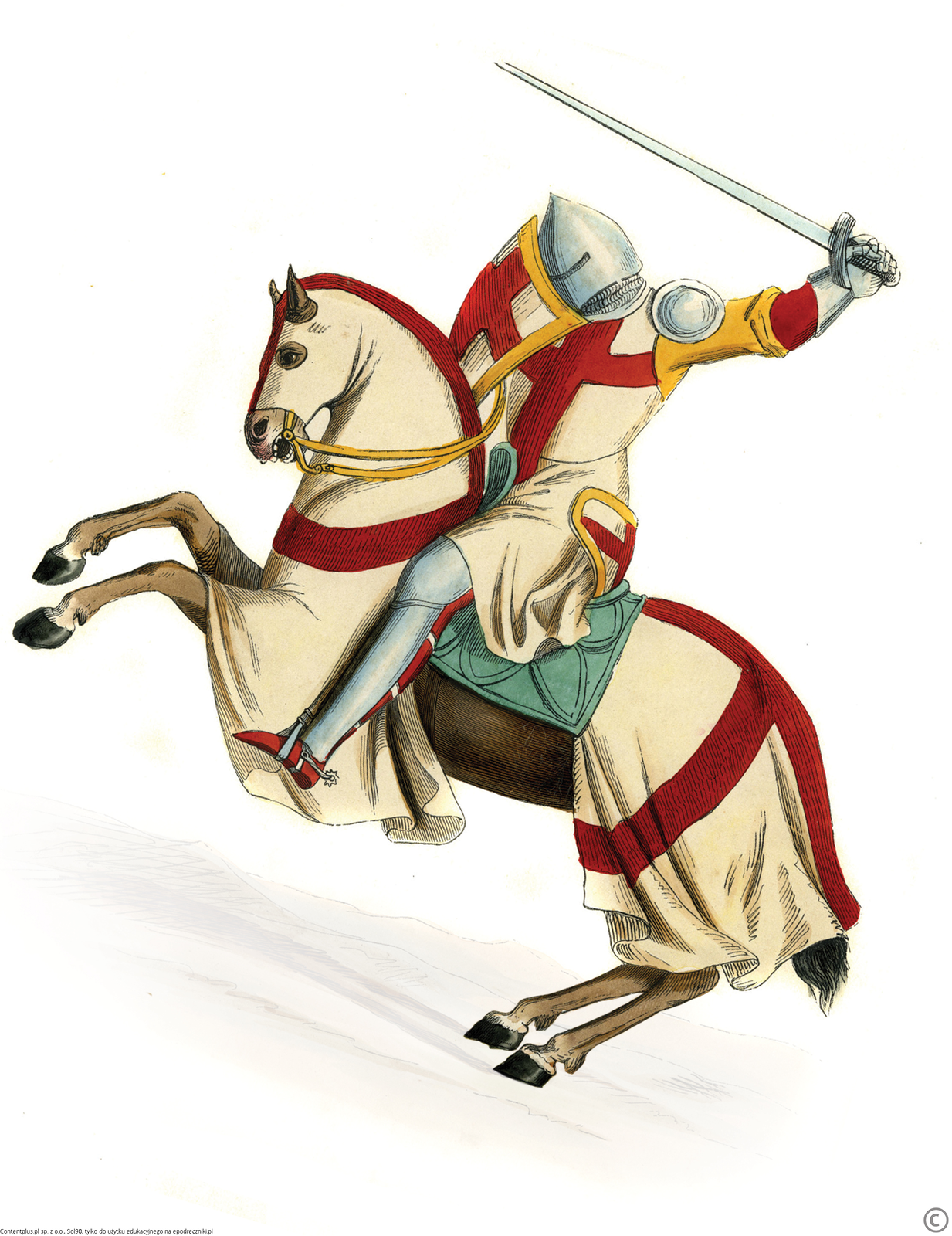 Ilustracja przedstawia rycerza na koniu. Rycerz ubrany jest w zbroję i habit. Zarówno na habicie jak i na tarczy widnieje czerwony krzyż. Rycerz unosi rękę z mieczem nad głową. Koń ma poderwane z ziemi przednie kopyta i staje dęba. 