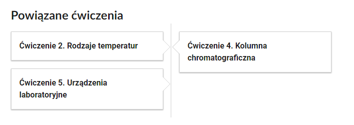 Widok przykładowych przycisków powiązanych ćwiczeń. Na zakładkach zamieszczono tytuły i treści poleceń ćwiczeń. Ćwiczenie 2. Rodzaje temperatur. Ćwiczenie 4 Kolumna chromatograficzna. Zadanie 5. Urządzenia laboratoryjne.