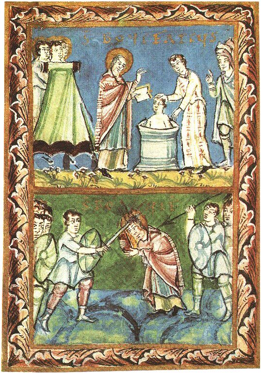 Ilustracja z rękopisu z jedenastego wieku przedstawiająca świętego Bonifacego. W pierwszej części ilustracji chrzci on jedną osobę w otoczeniu innych wiernych. Na drugiej części Bonifacy ginie męczeńską śmiercią od uderzenia mieczem oraz włócznią.