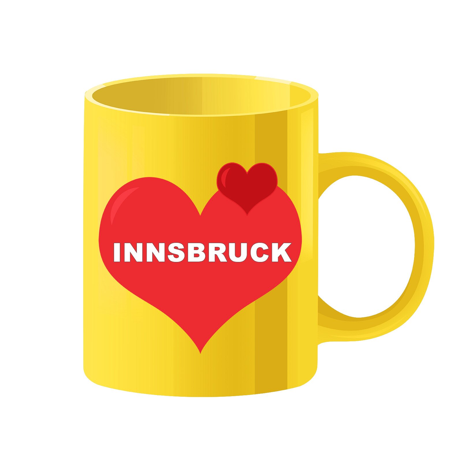 Ilustracja przedstawia żółty kubek z dwoma sercami. W środku większego serca widnieje napis: INNSBRUCK. 