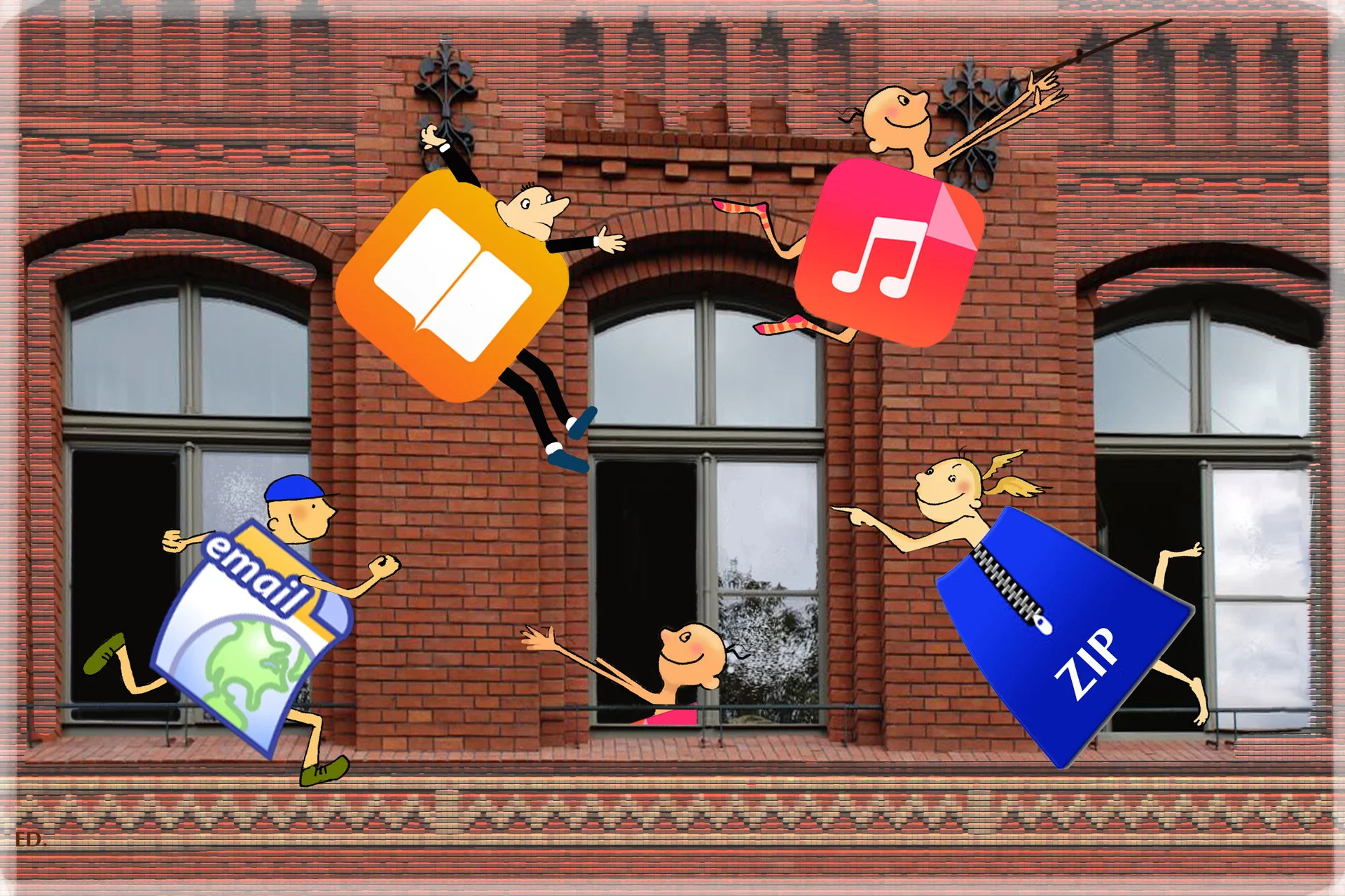 Ilustracja przedstawia skaczące ikony plików na tle ceglanego budynku z trzema oknami. Pod ikonkami kryją się psotne ludziki. Ikona e‑mail biegnie po parapecie, archiwum zip wyskakuje przez okno, książki bujają się na ornamencie, a muzyka huśta na linie. Ze środkowego okna wystaje ludzik z niewidoczną ikonką.